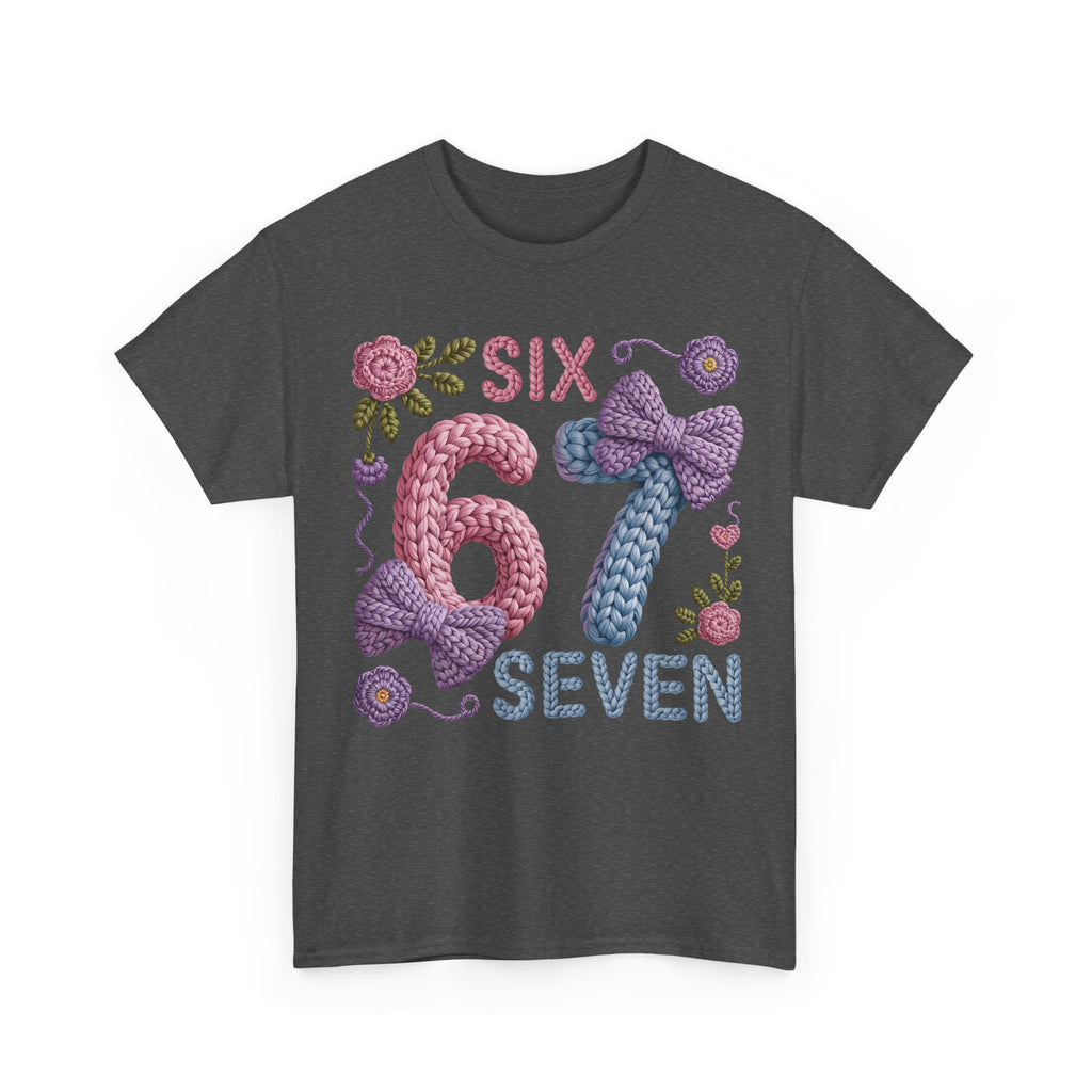 Pastel Crochet Numbers 6 & 7 Tee — Faux-Yarn Bows & Flowers. Unisex Cotton Tee