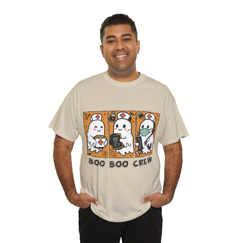 Halloween Nurse T-Shirt — Ghost Nurses Holding Medical Tools on Orange Unisec Cotton Tee