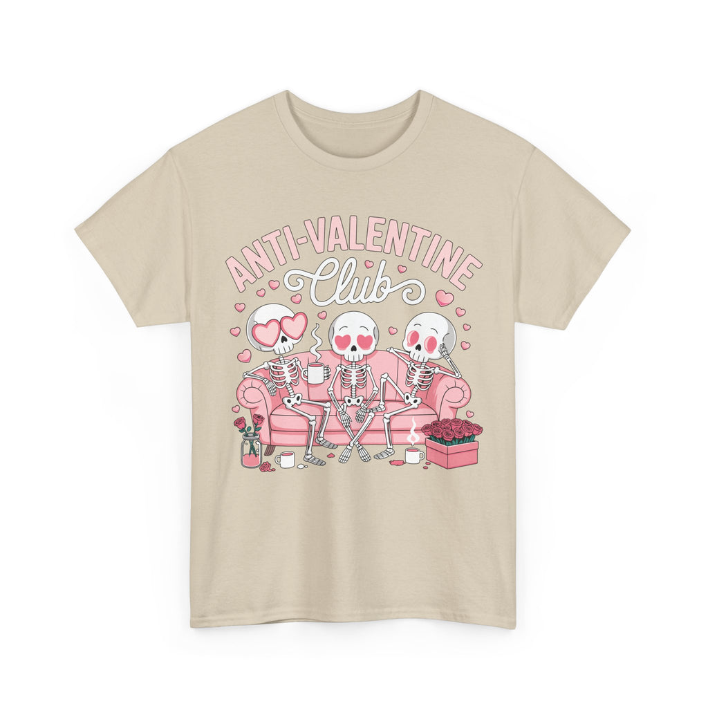 Anti-Valentine Club Skeleton Tee — Anti-Romance Pink Couch Graphic Unisex Cotton T-Shirt