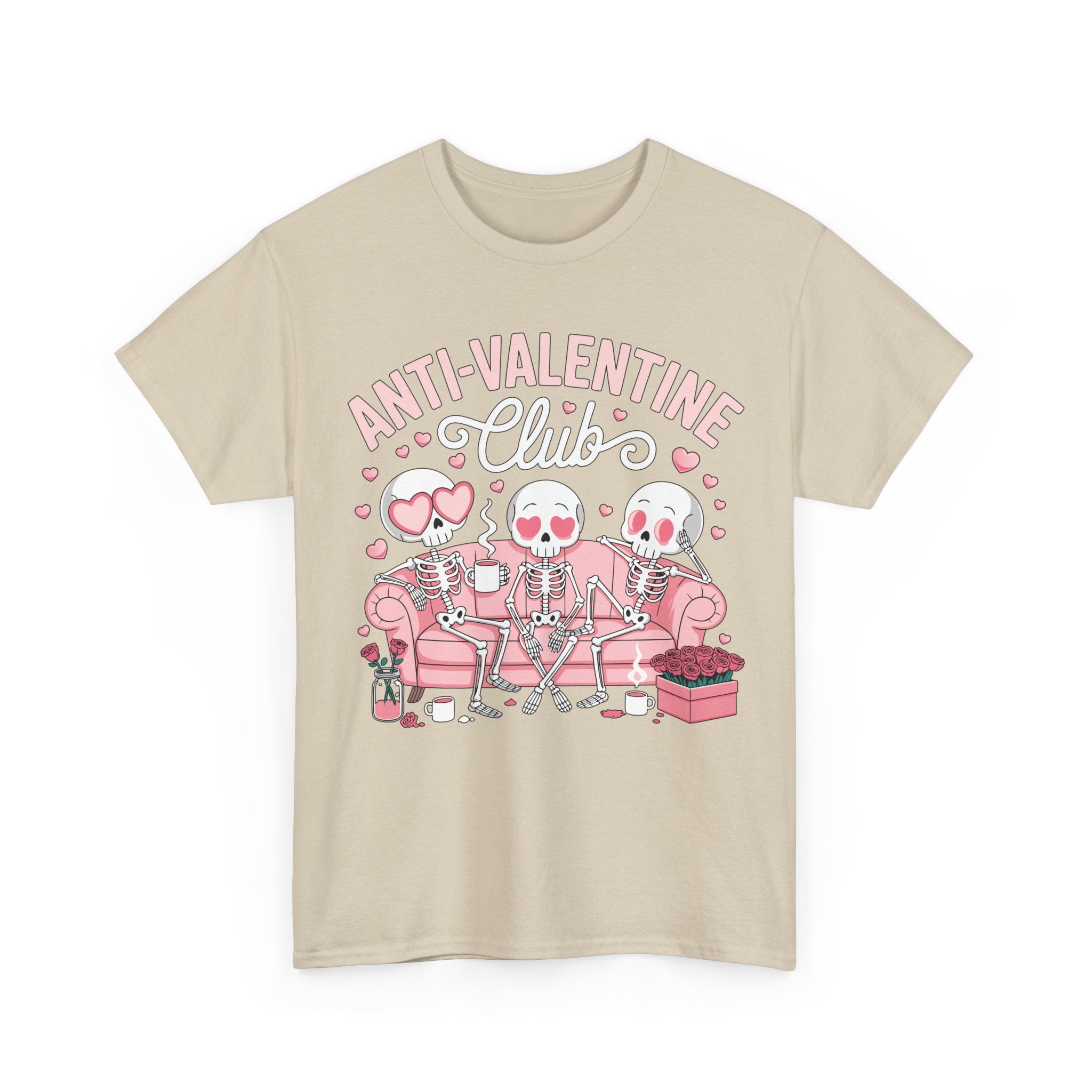 Anti-Valentine Club Skeleton Tee — Anti-Romance Pink Couch Graphic Unisex Cotton T-Shirt