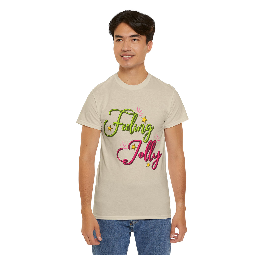 Feeling Jolly Tee — Festive Green & Pink Script with Yellow Stars Unisex Cotton Tee