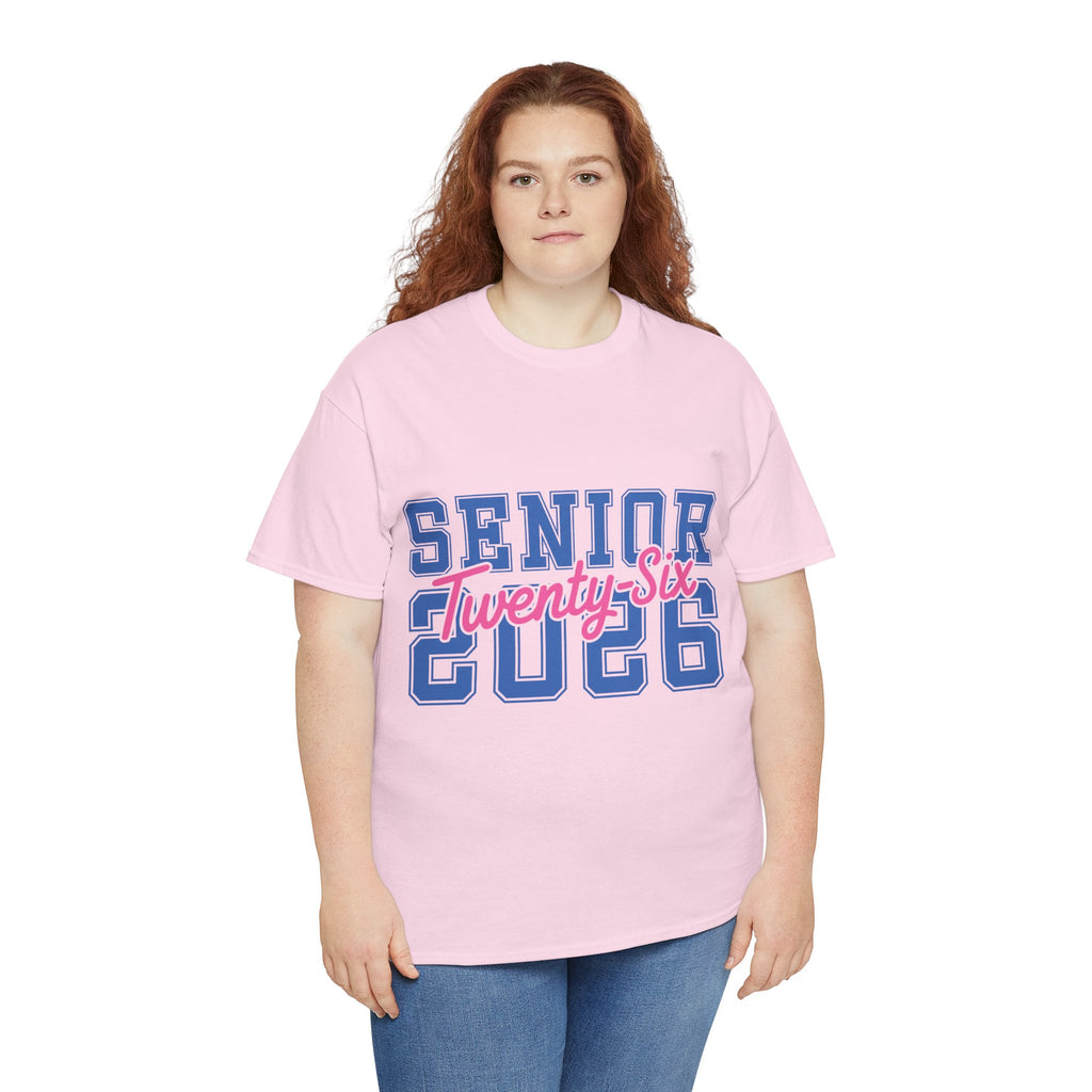 Senior 2026 Tee — Pink Varsity Block with Blue Script Overlay Unisex Cotton Tee