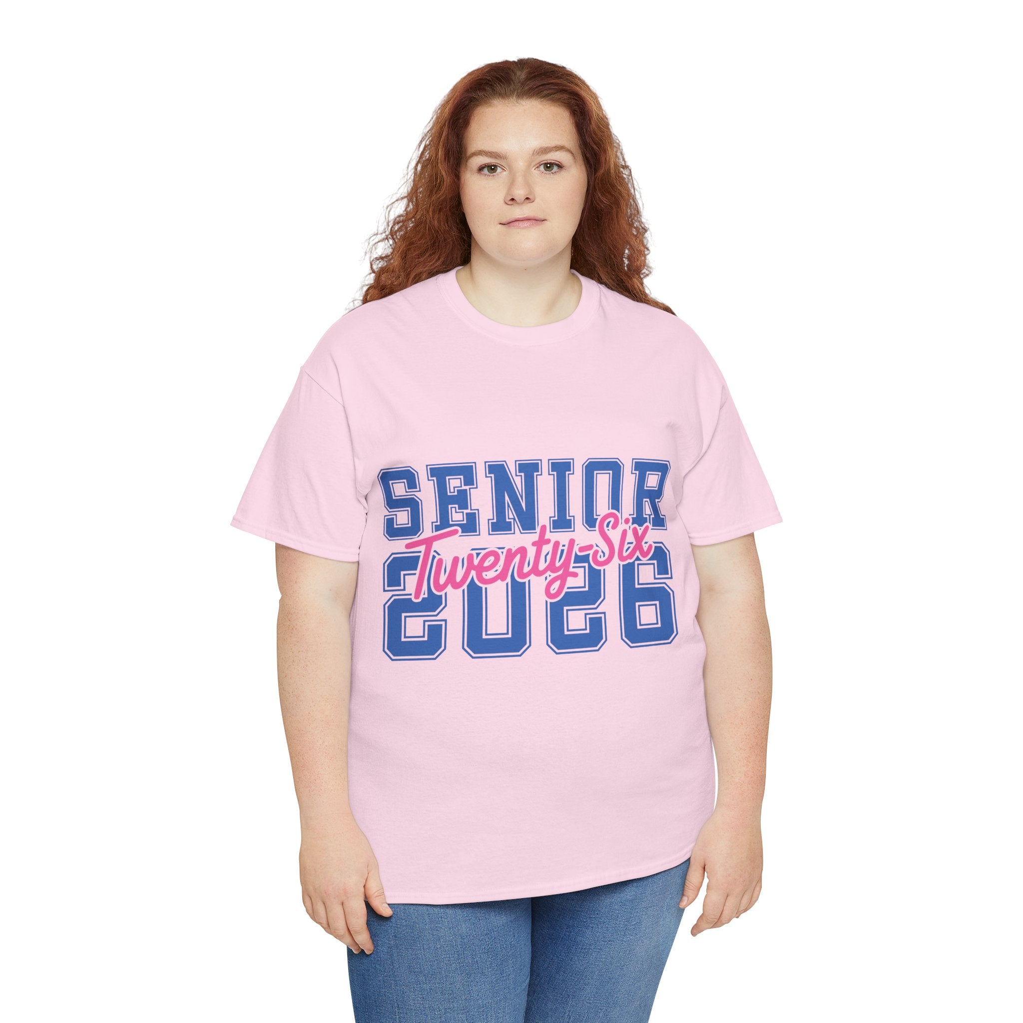 Senior 2026 Tee — Pink Varsity Block with Blue Script Overlay Unisex Cotton Tee
