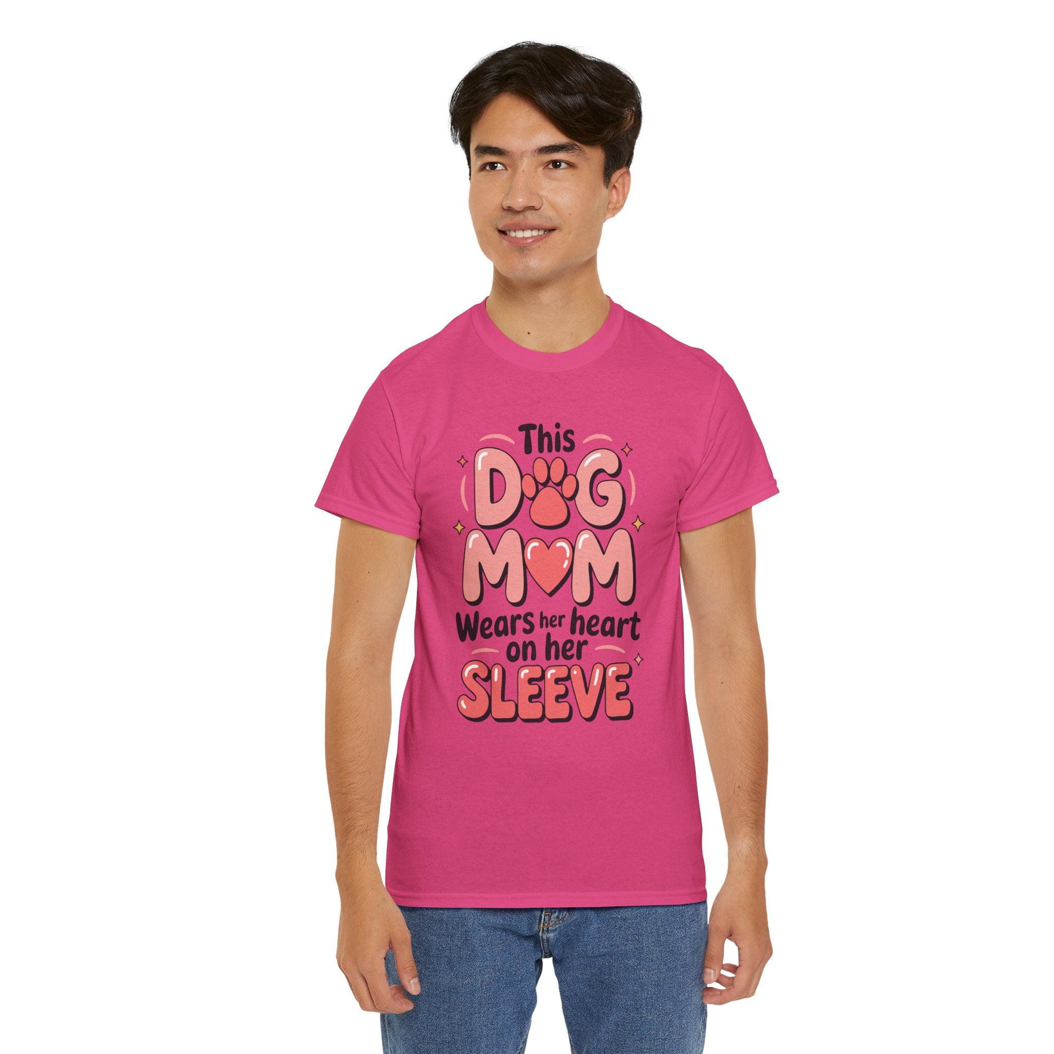 Dog Mom T-Shirt — "This Dog Mom Wears Her Heart on Her Sleeve" Paw & Heart Unisex Cotton Tee