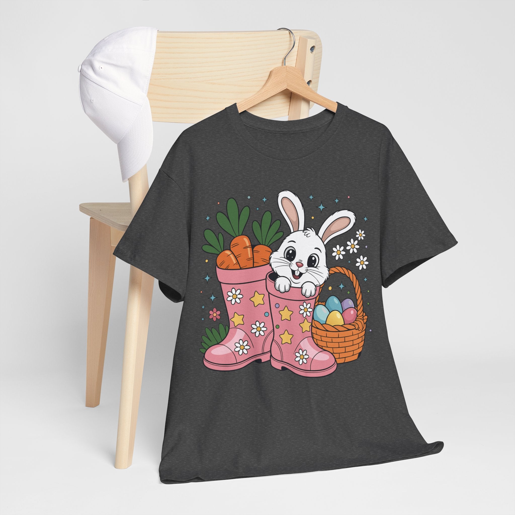 Easter Bunny in Pink Rain Boots T-Shirt — Cartoon Bunny, Carrots & Colorful Eggs Unisex Cotton Tee