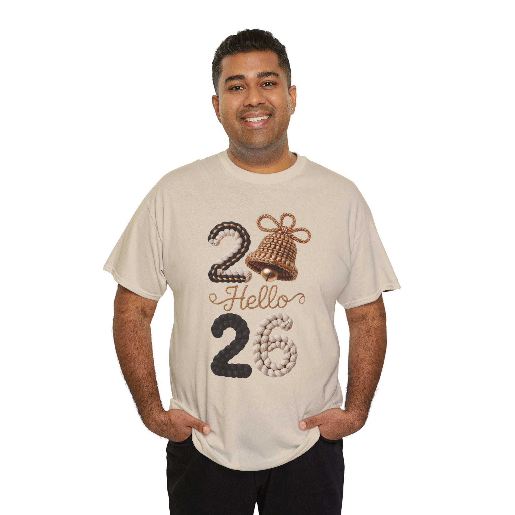 Hello 2026 Tee — Cozy Faux Yarn Braided Numbers with Woven Golden Bell..Unisex Cotton Tee