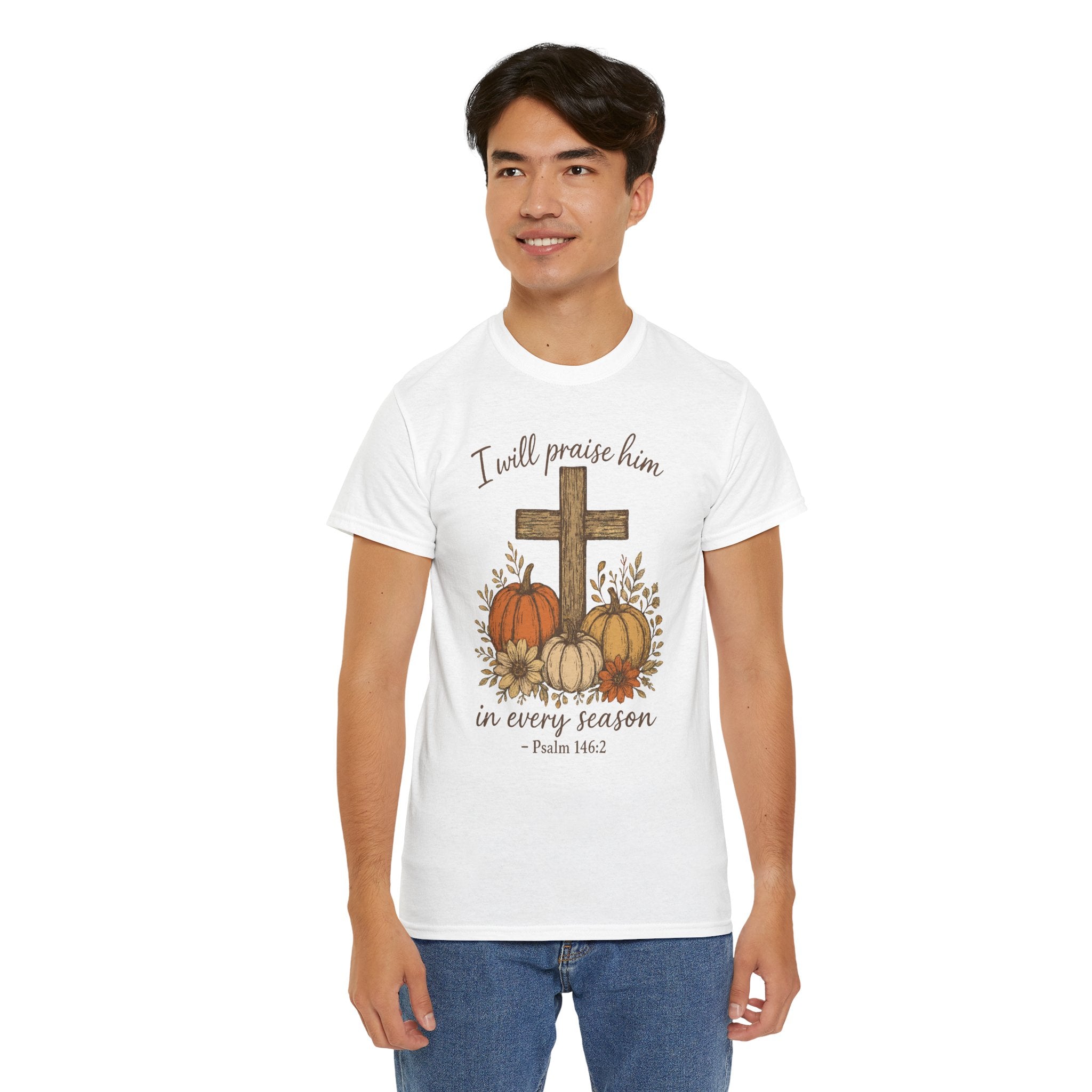 Psalm 146:2 Pumpkin Cross T-Shirt — I Will Praise Him in Every Season. Unisex Cotton Tee