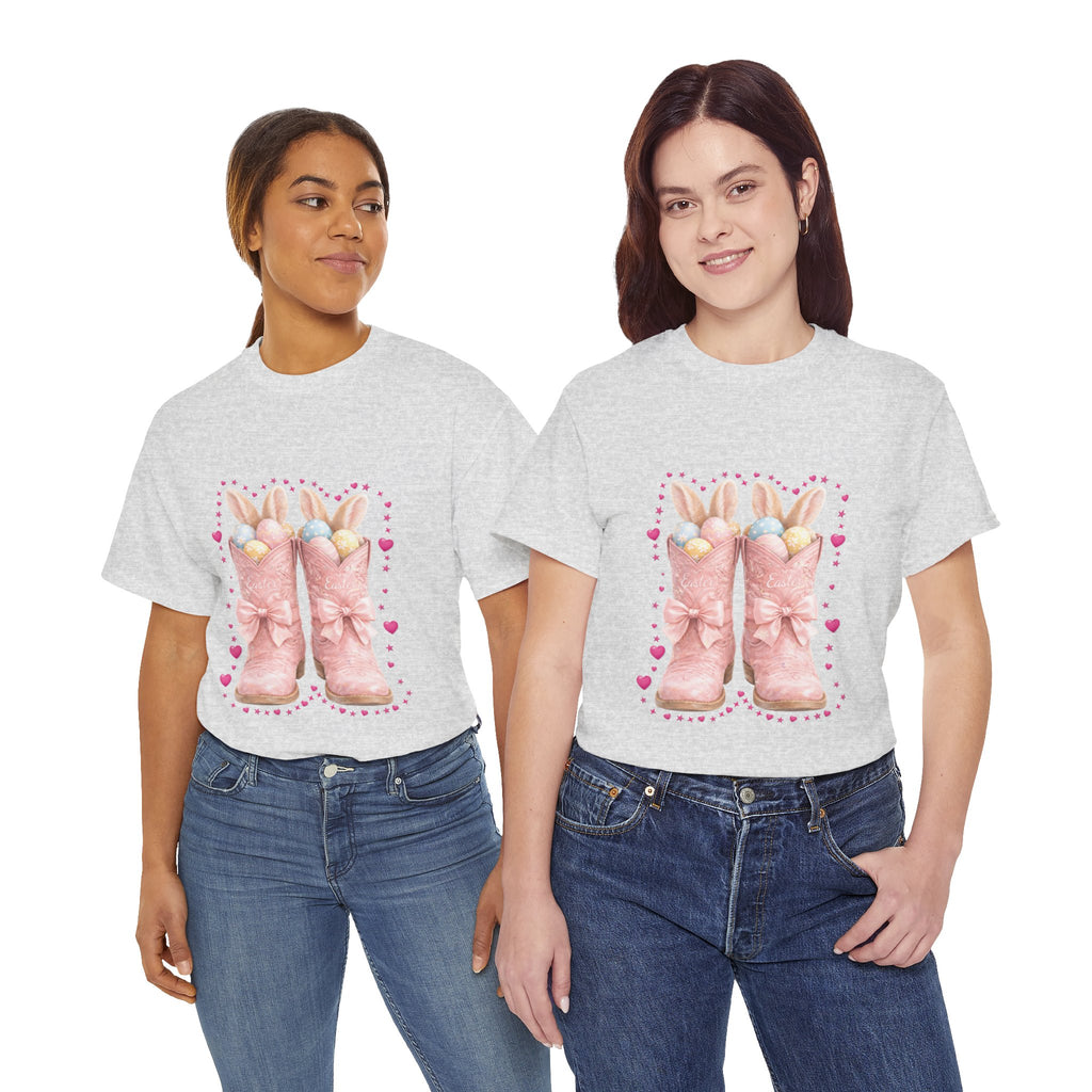 Easter Pink Western Boots Tee — Pastel Bunny Eggs & Bows Unisex Cotton Tee