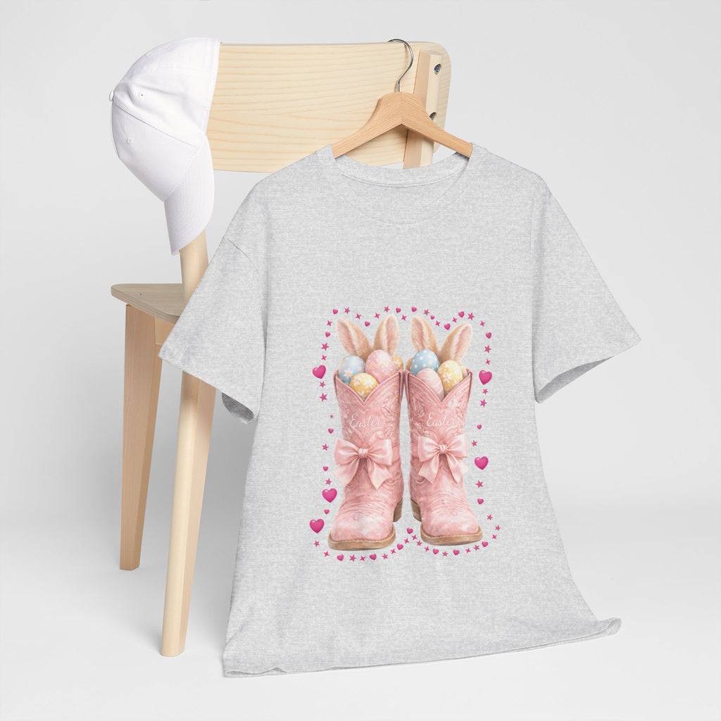 Easter Pink Western Boots Tee — Pastel Bunny Eggs & Bows Unisex Cotton Tee