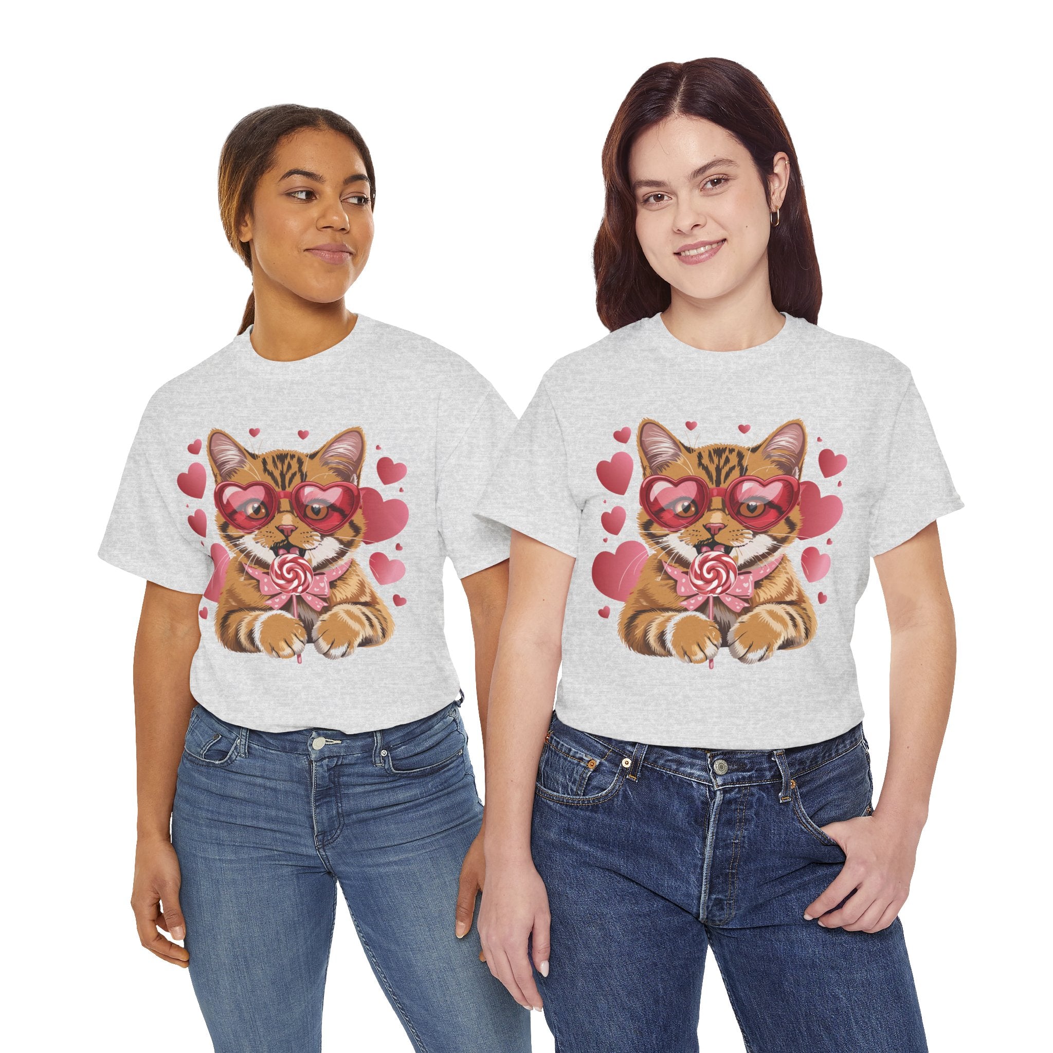 Valentine Cat Tee — Heart Glasses, Lollipop Bow Unisex Cotton Tee