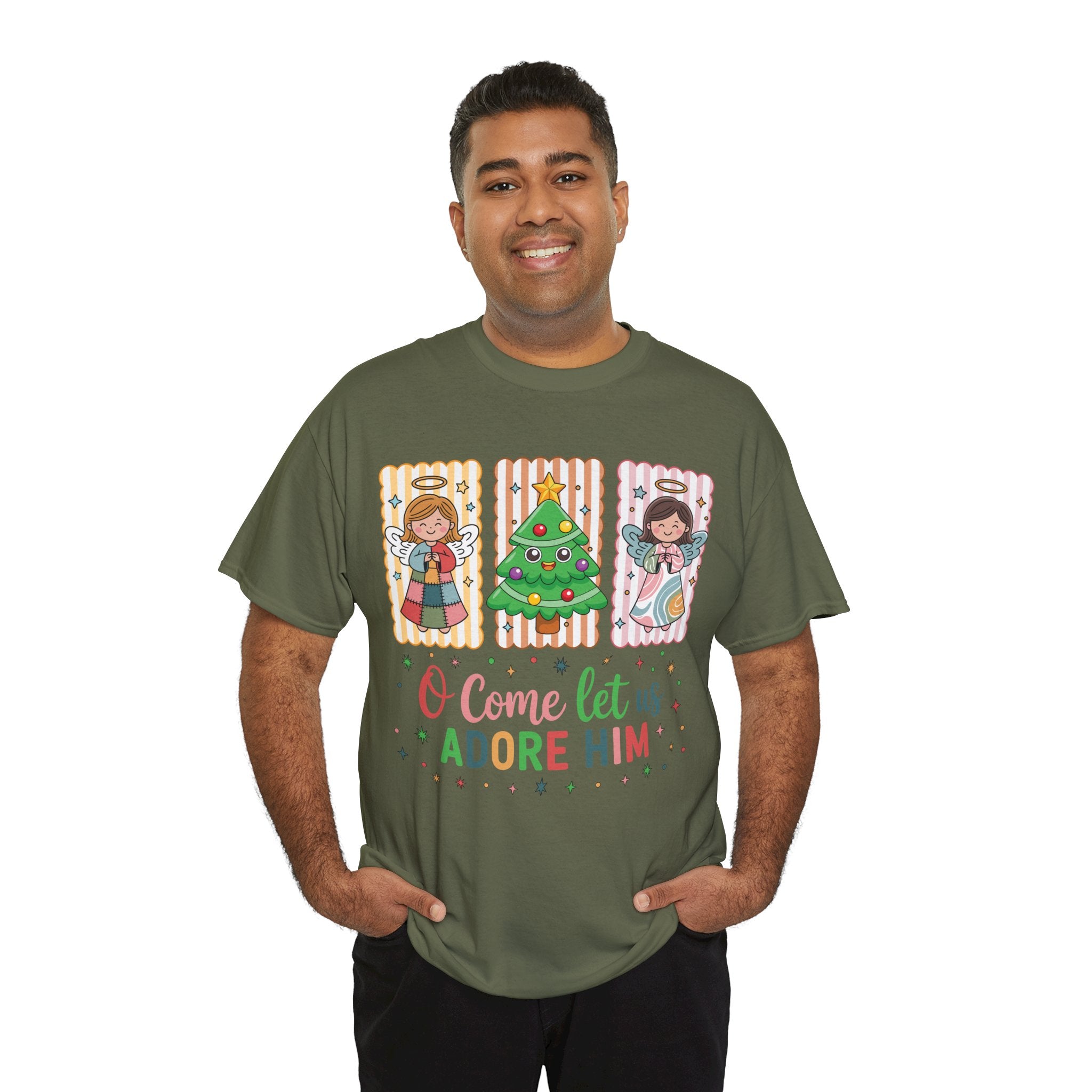 O Come Let Us Adore Him Christmas Tee — Smiling Angels & Happy Tree..Unisex Cotton Tee