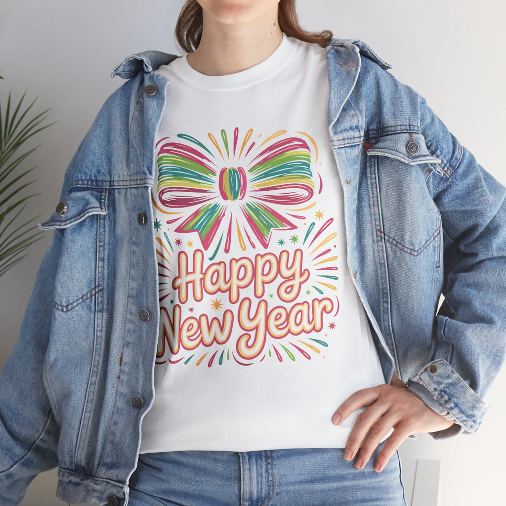 Happy New Year Pastel Tee — Rainbow Bow & Fireworks Celebration Unisex Cotton Tshirt