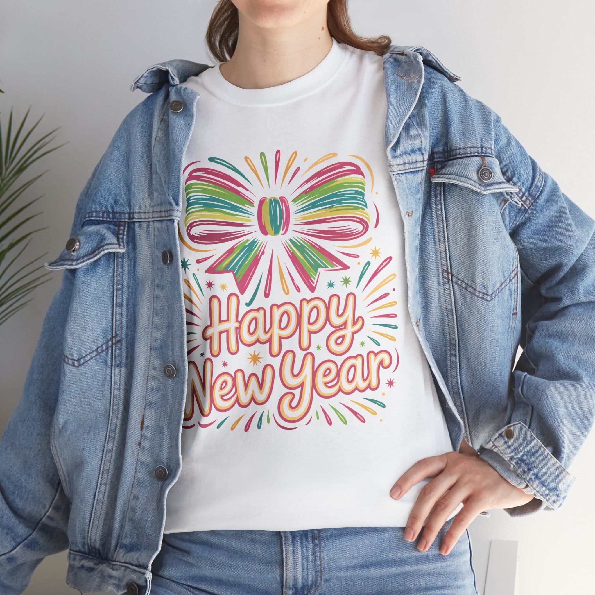 Happy New Year Pastel Tee — Rainbow Bow & Fireworks Celebration Unisex Cotton Tshirt