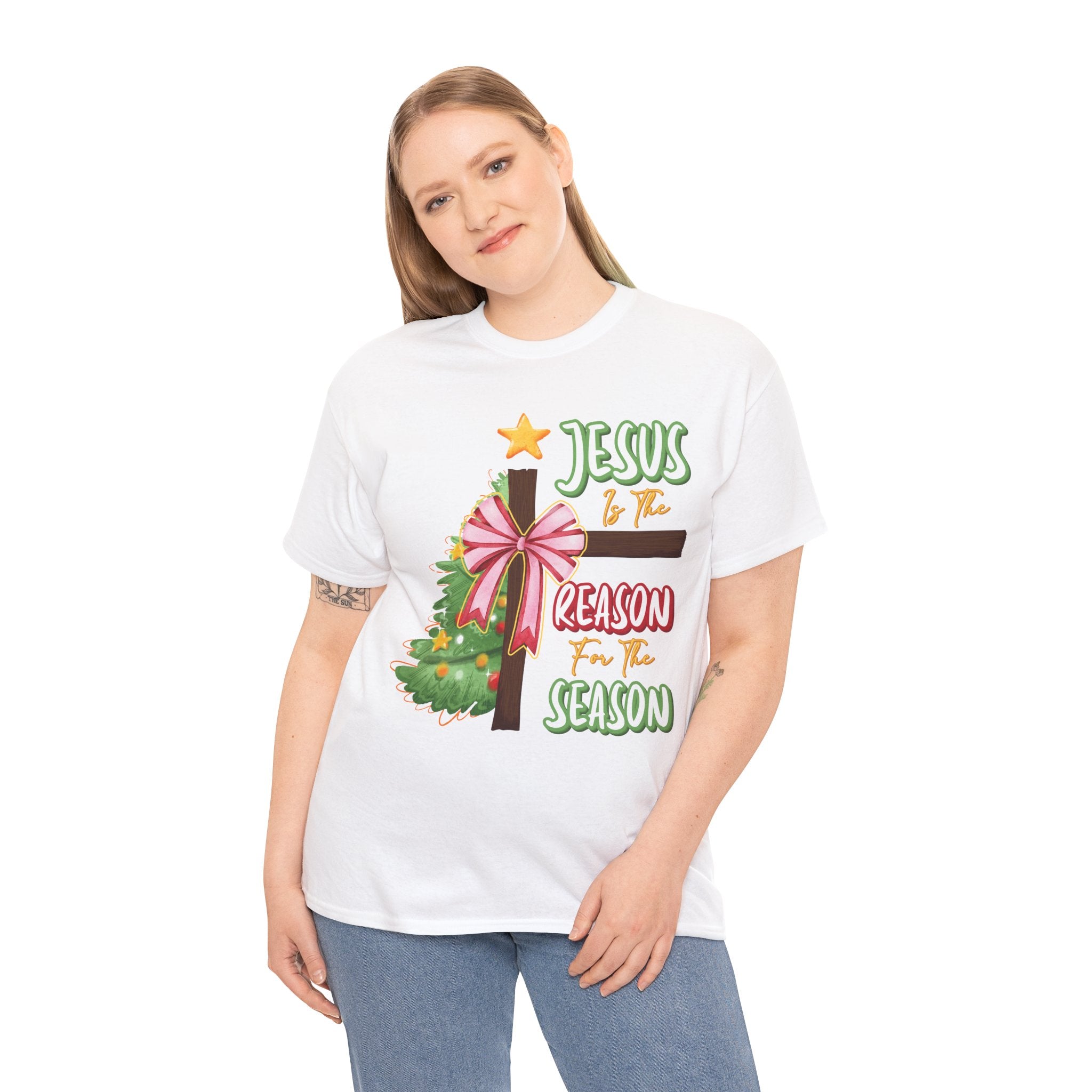 Jesus Is the Reason for the Season Christmas Tee — Cross with Pink Bow & Tree. Unisex Cotton Tee