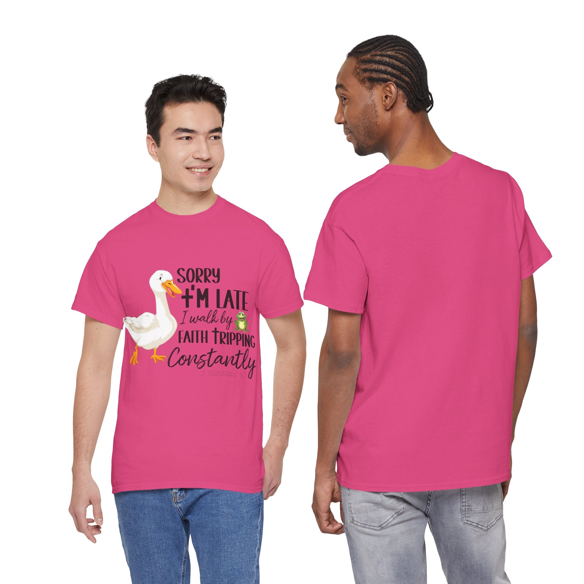 Christian Humor T-Shirt — “Sorry I’m Late, I Walk by Faith Tripping Constantly” (Duck & Frog). Unisex Cotton Tee