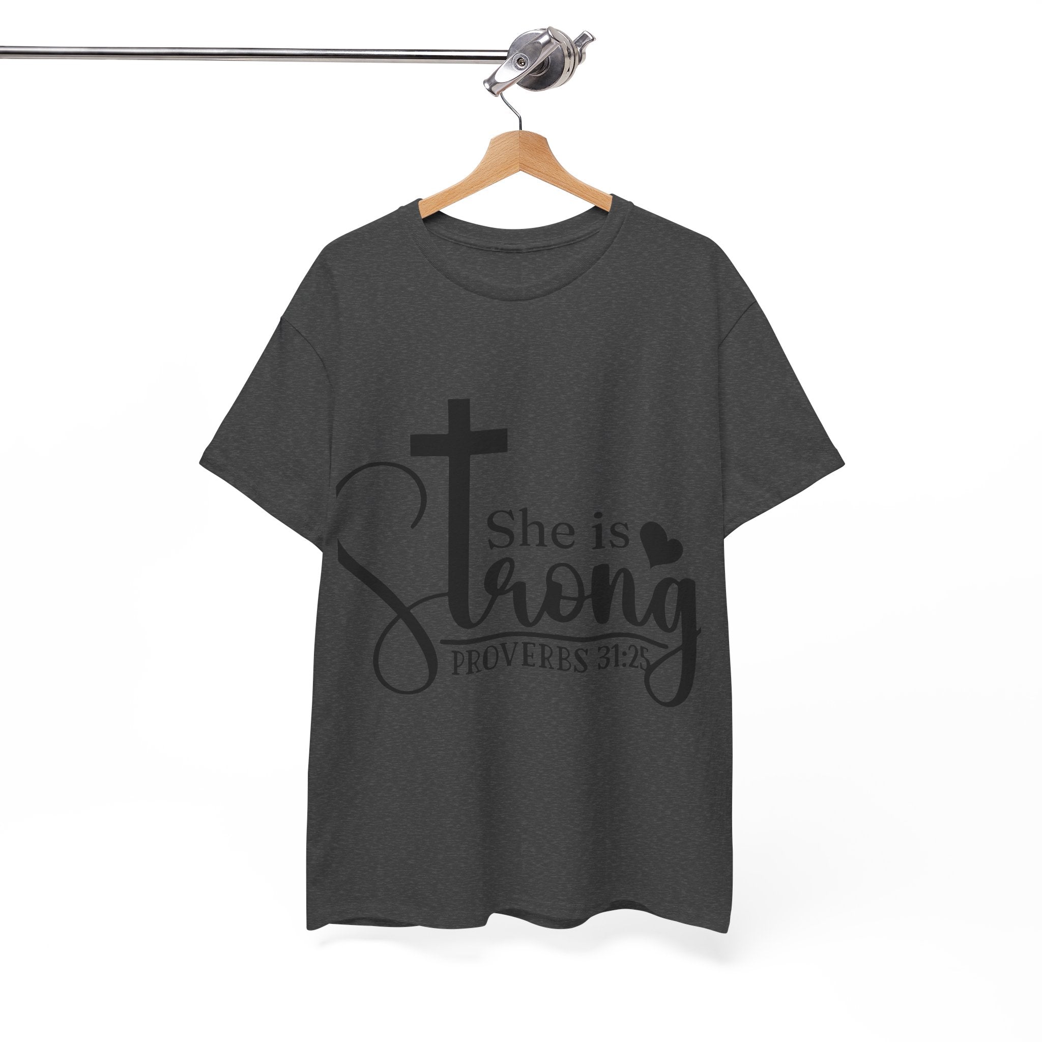 Proverbs 31:25 'She is Strong' T-Shirt – Christian Cross & Heart Unisex Cotton Tee
