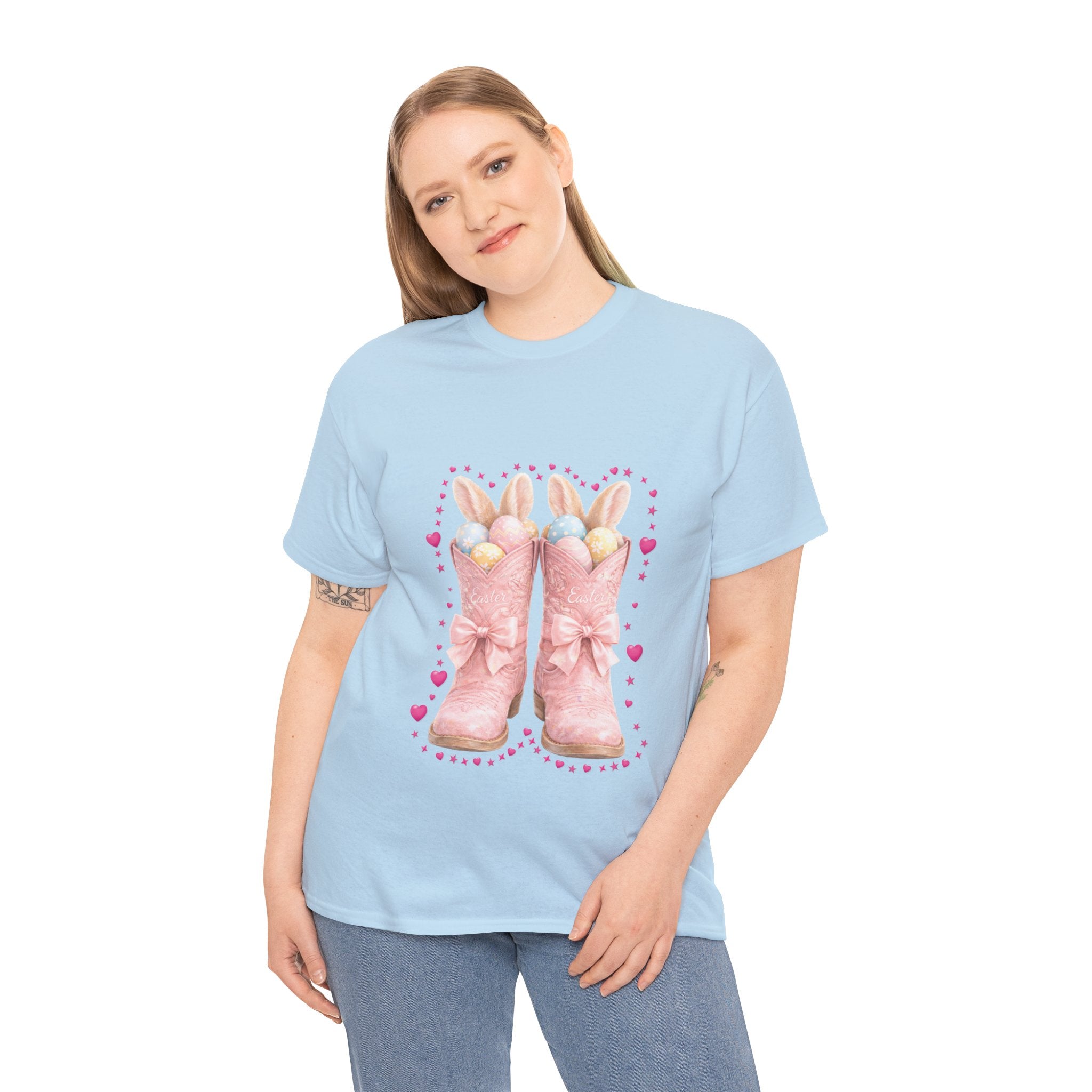 Easter Pink Western Boots Tee — Pastel Bunny Eggs & Bows Unisex Cotton Tee