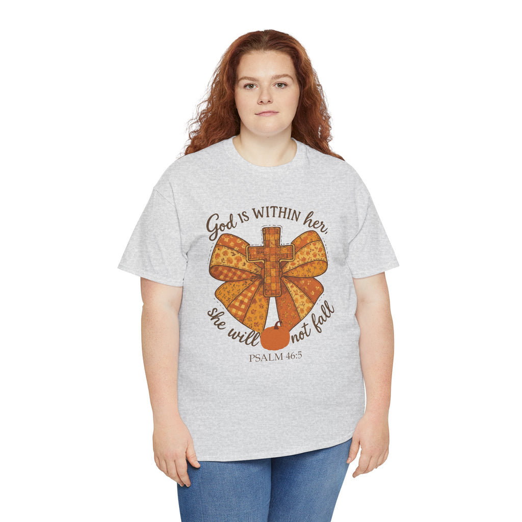 Psalm 46:5 Cross Patchwork Tee — Fall Bow Christian Unisex Cotton T-Shirt