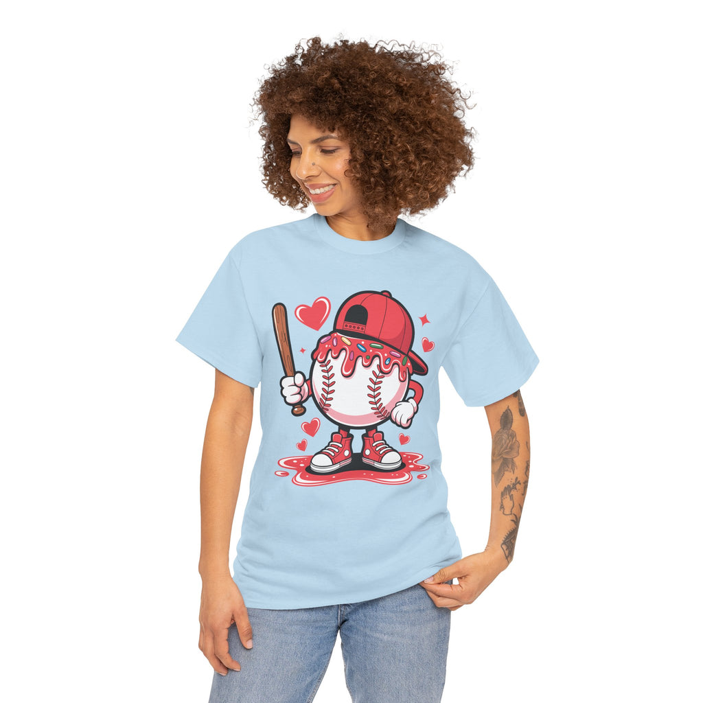 Cute Baseball Character T-Shirt — Red Cap & Icing Top Graphic with Hearts Unisex Cotton Tee