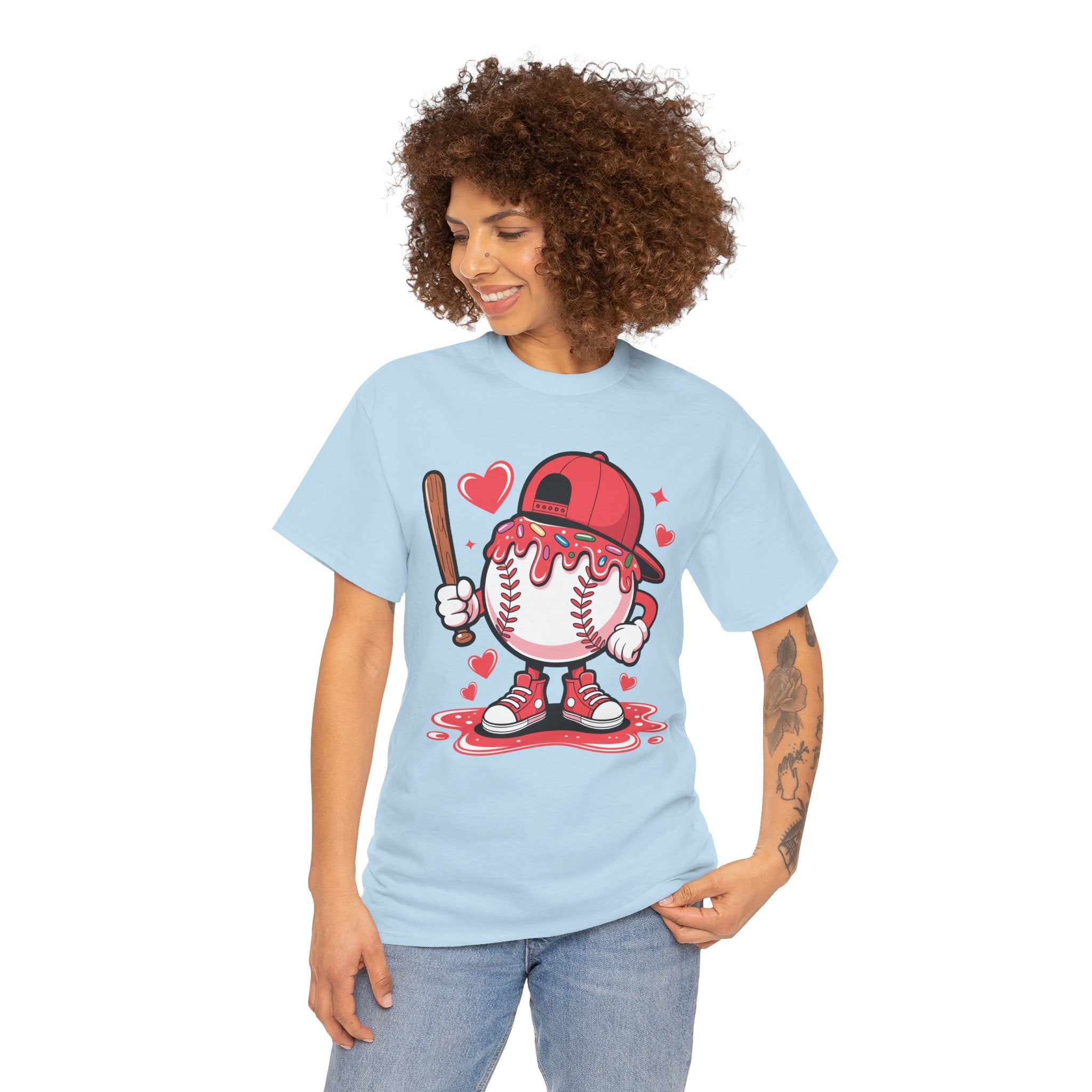Cute Baseball Character T-Shirt — Red Cap & Icing Top Graphic with Hearts Unisex Cotton Tee