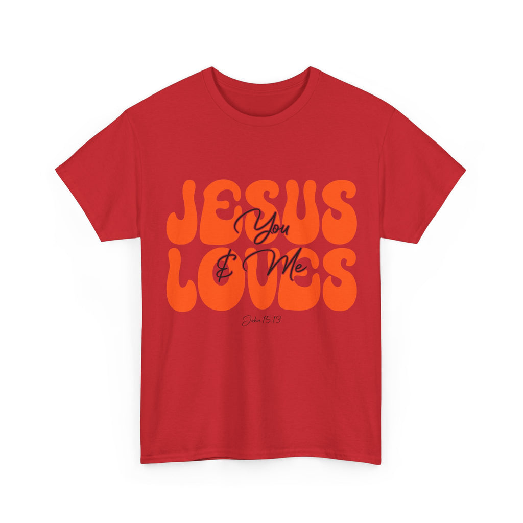 Jesus Loves You & Me Retro Tee — Playful Orange Bubbly Christian Unisex Cotton T-Shirt