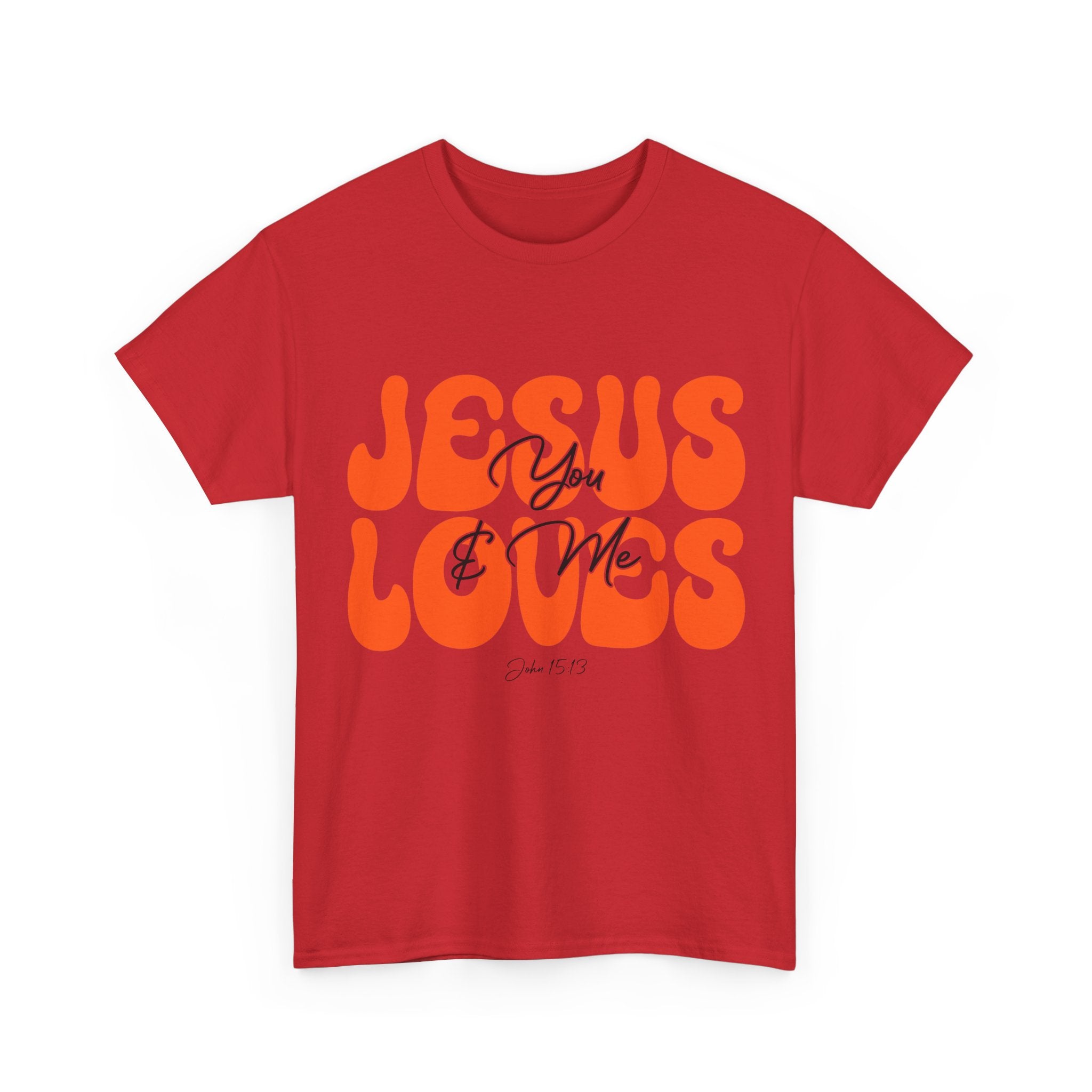 Jesus Loves You & Me Retro Tee — Playful Orange Bubbly Christian Unisex Cotton T-Shirt