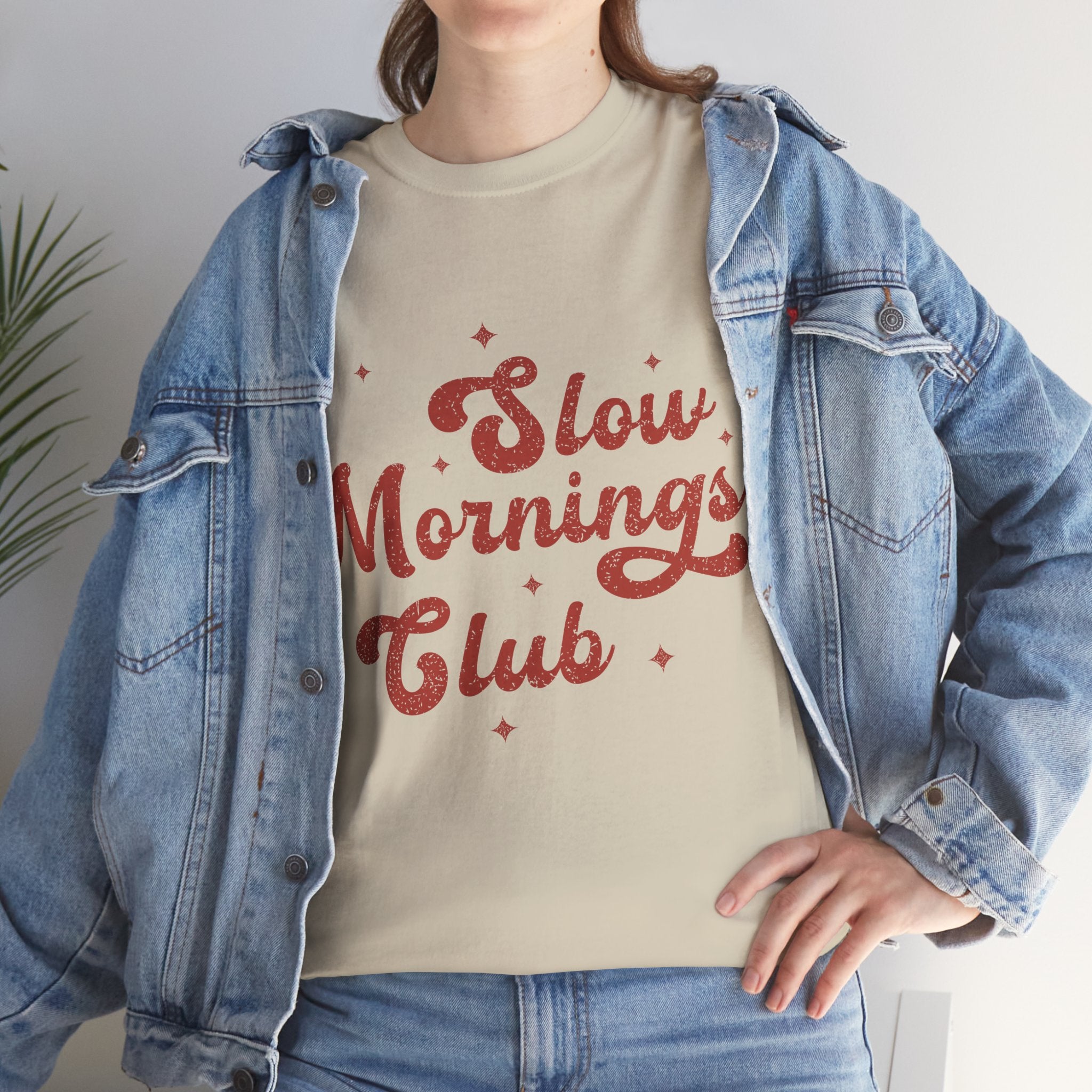 Slow Mornings Club T-Shirt — Retro Red Sparkle Unisex Cotton Tee