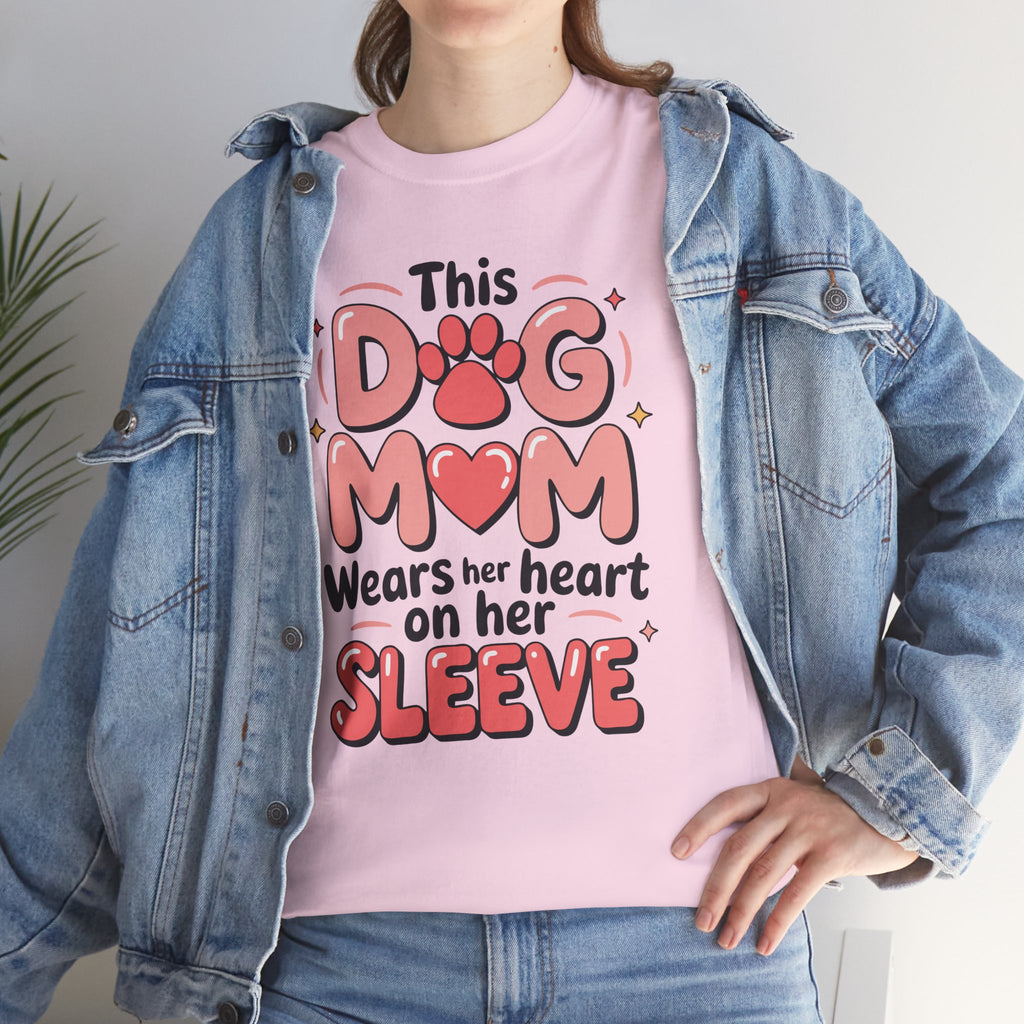 Dog Mom T-Shirt — "This Dog Mom Wears Her Heart on Her Sleeve" Paw & Heart Unisex Cotton Tee