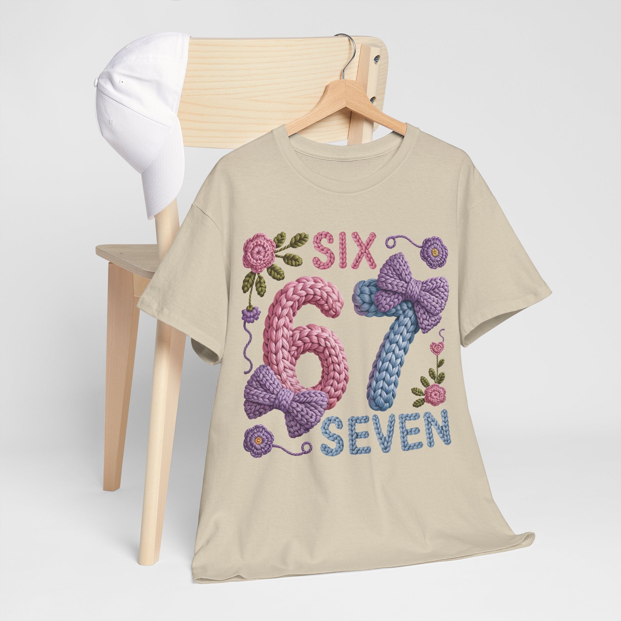Pastel Crochet Numbers 6 & 7 Tee — Faux-Yarn Bows & Flowers. Unisex Cotton Tee