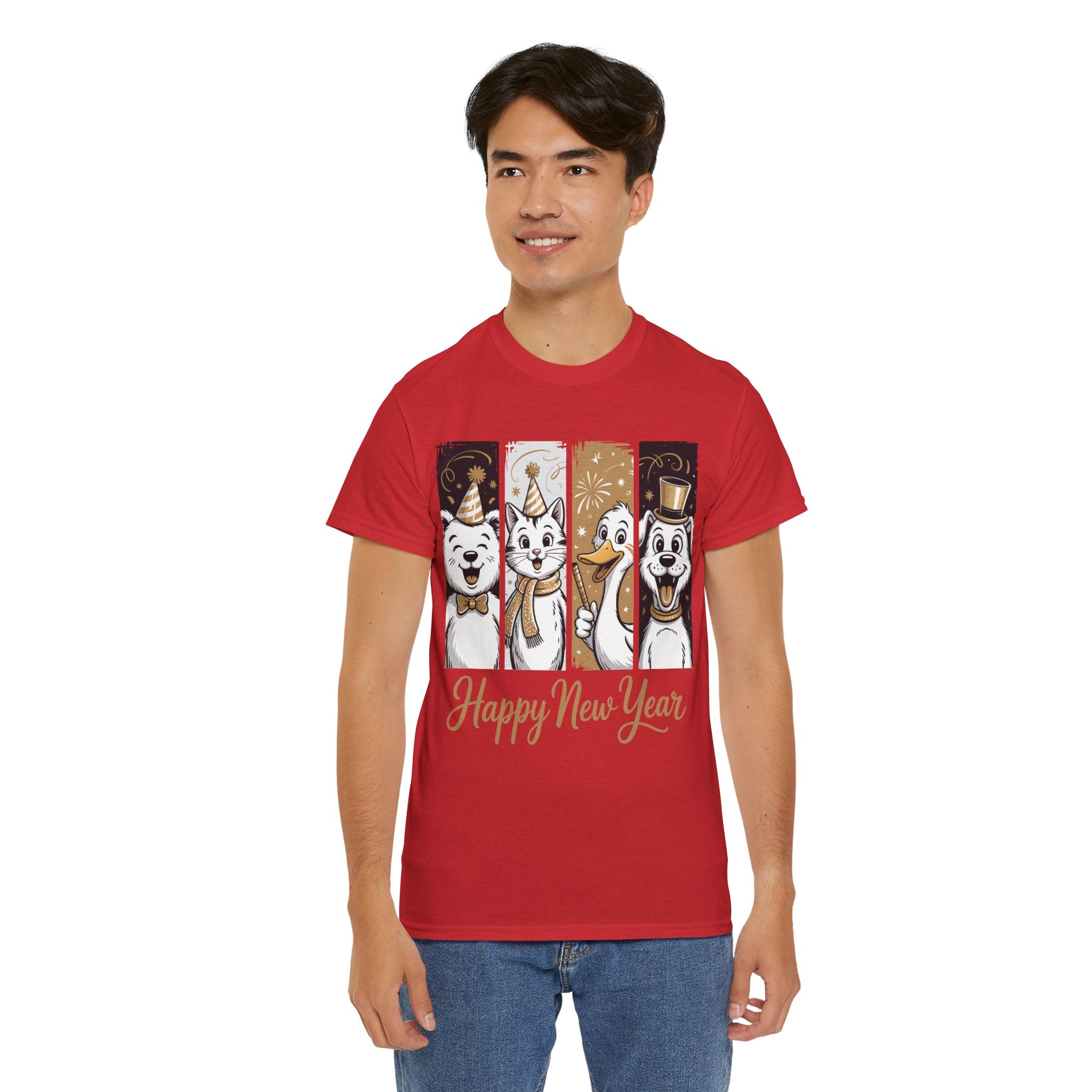 Happy New Year Party Animals T-Shirt — Cute Smiling Animals in Party Hats & Gold Fireworks..Unisex Cotton Tee