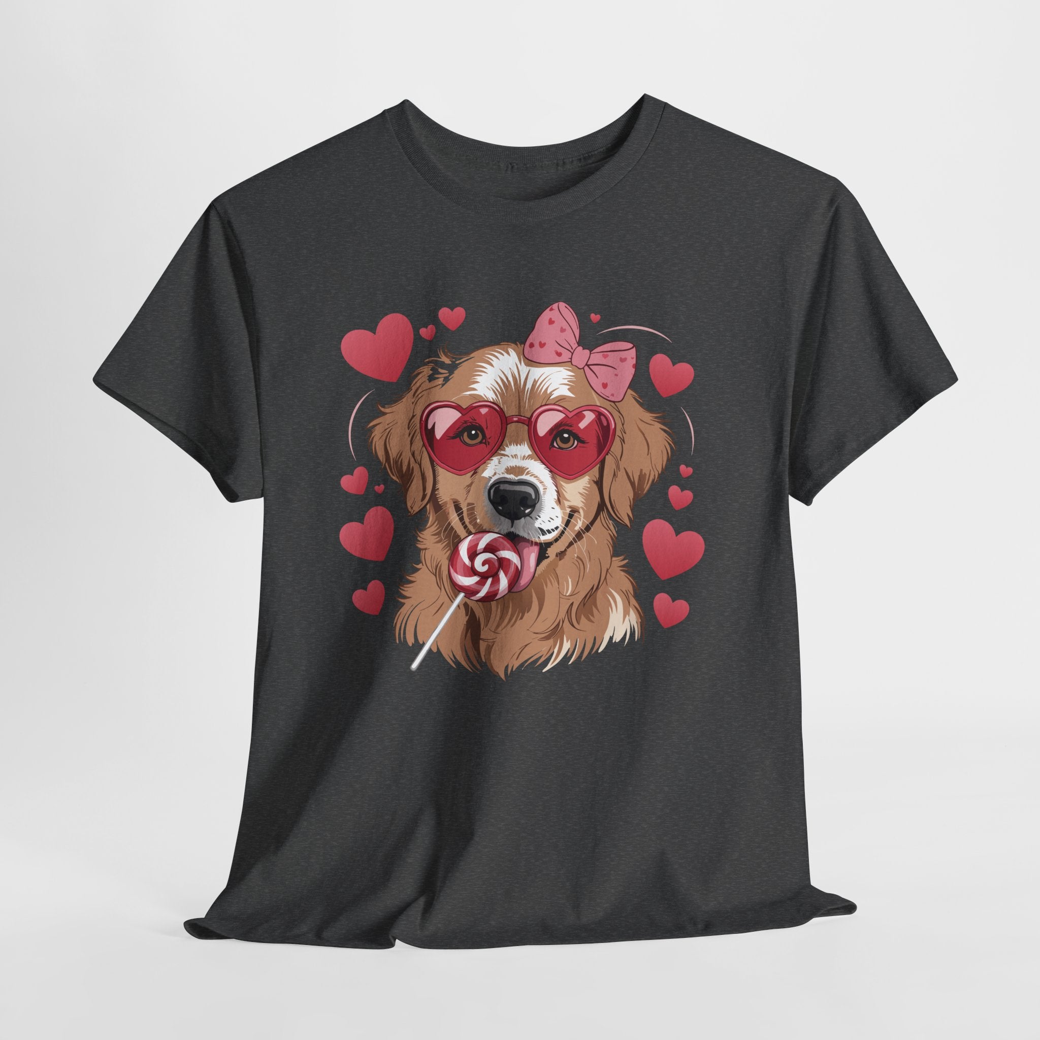 Valentine Dog T-Shirt — Cute Pup with Heart Glasses, Pink Bow & Lollipop..Unisex Cotton Tee