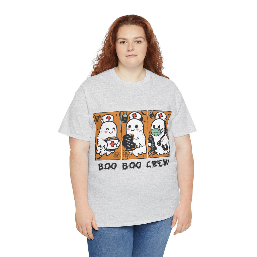 Halloween Nurse T-Shirt — Ghost Nurses Holding Medical Tools on Orange Unisec Cotton Tee