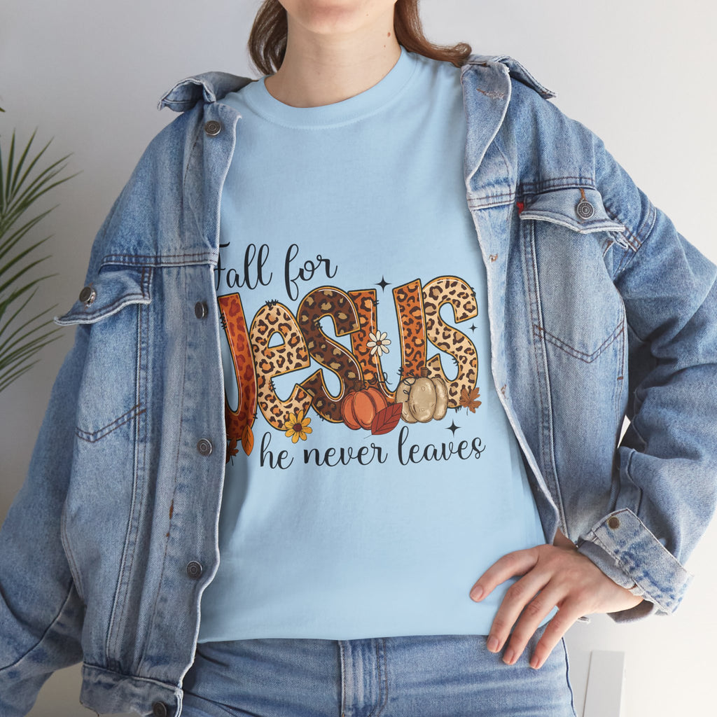 JESUS Leopard Print Fall T-Shirt — Pumpkins, Leaves & Floral Christian Unisex Cotton Tee