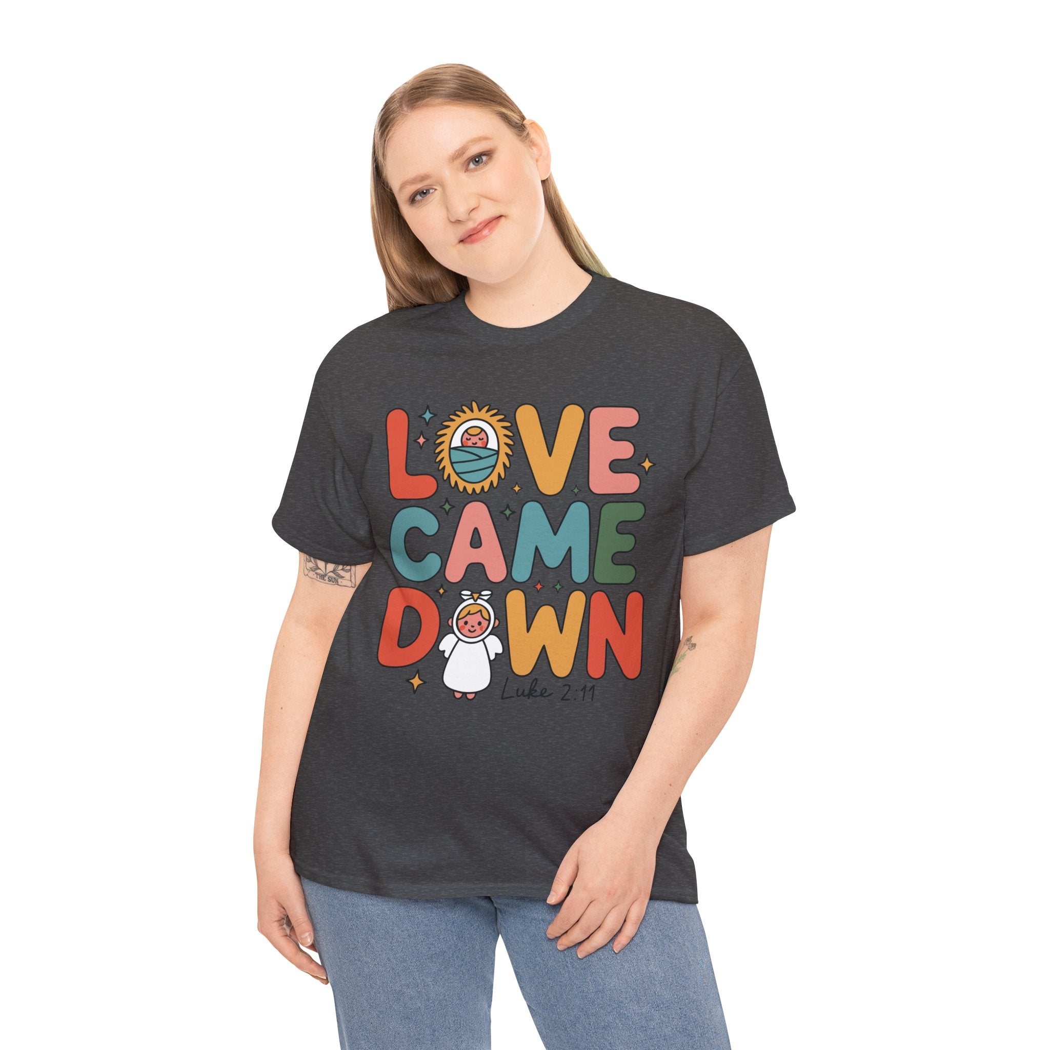 Love Came Down Christmas Tee — Baby Jesus Manger Angel (Luke 2:11)..Unisex Cotton Tee