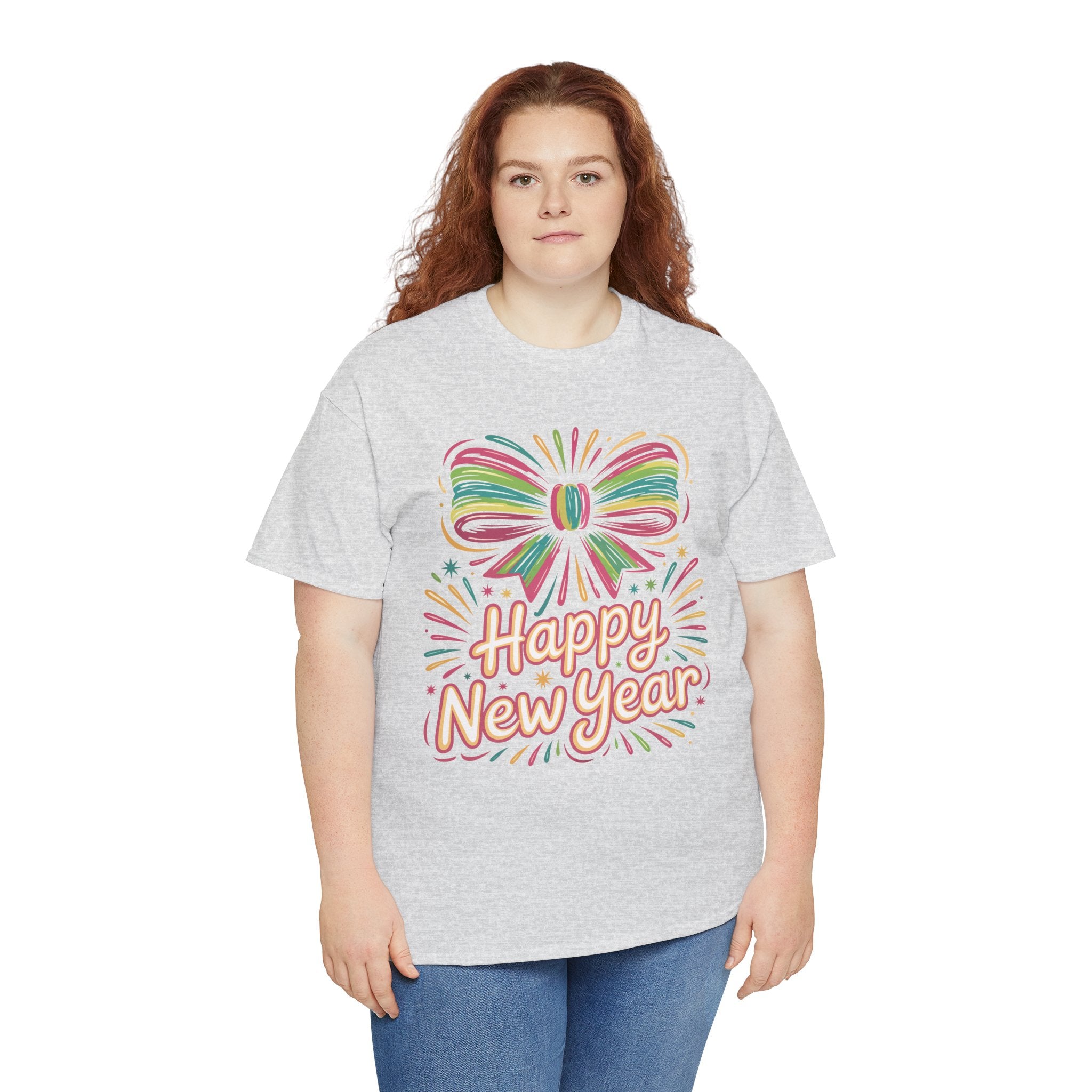 Happy New Year Pastel Tee — Rainbow Bow & Fireworks Celebration Unisex Cotton Tshirt