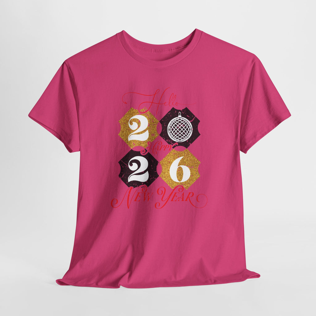 2026 Happy New Year Pink Varsity Tee — Fireworks Party Graphic.Unisex Cotton Tee