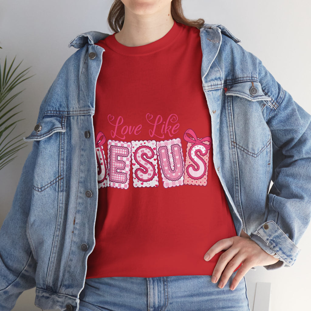 Love Like Jesus Patchwork Tee — Pink Stitched Heart Graphic.Unisex Cotton Tee