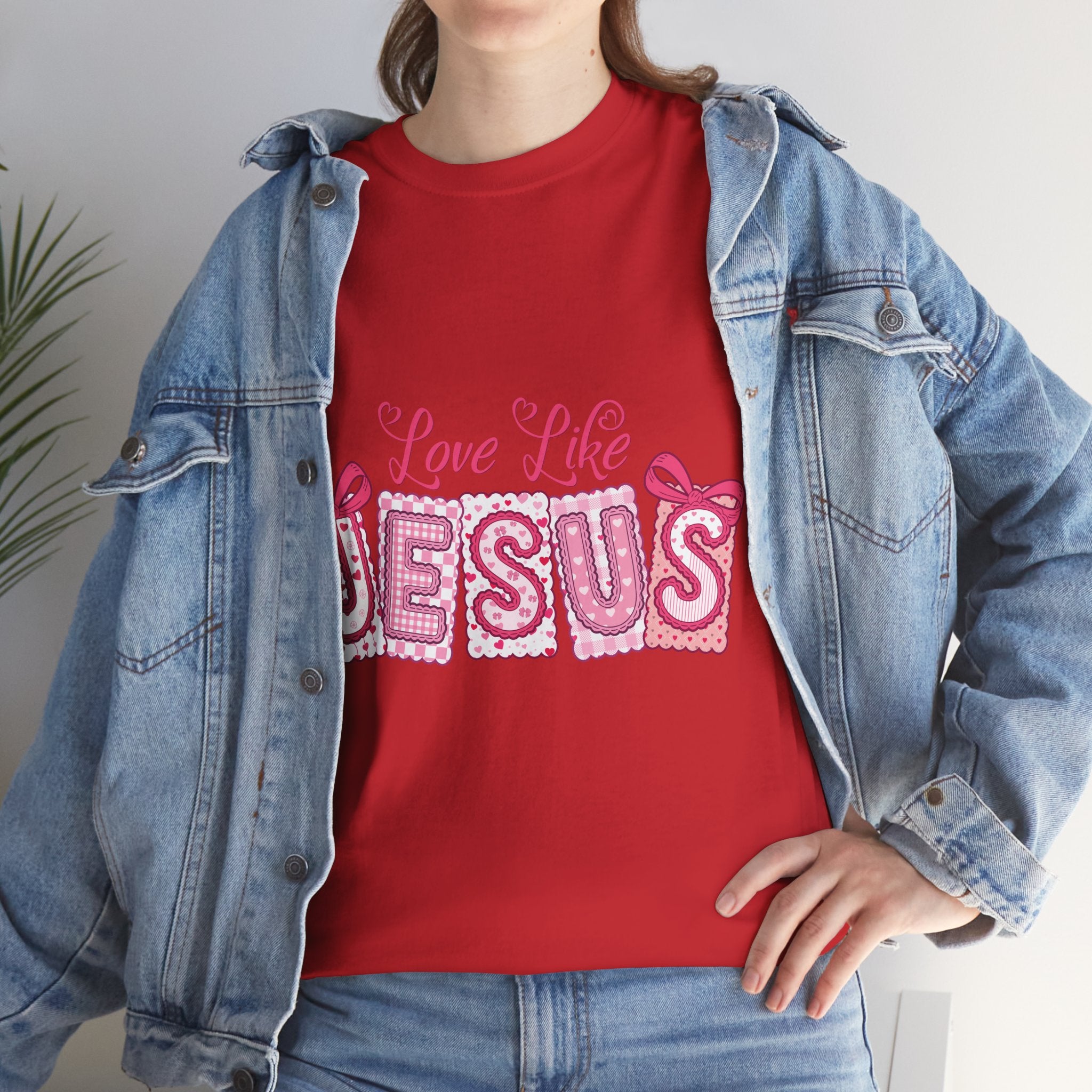 Love Like Jesus Patchwork Tee — Pink Stitched Heart Graphic.Unisex Cotton Tee