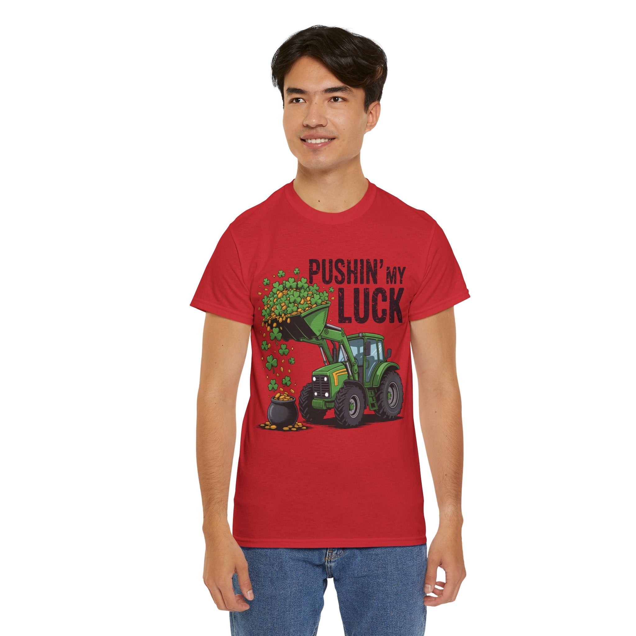 Pushin' My Luck Shamrock Tractor Tee — St. Patrick's Day Unisex Cotton T-Shirt