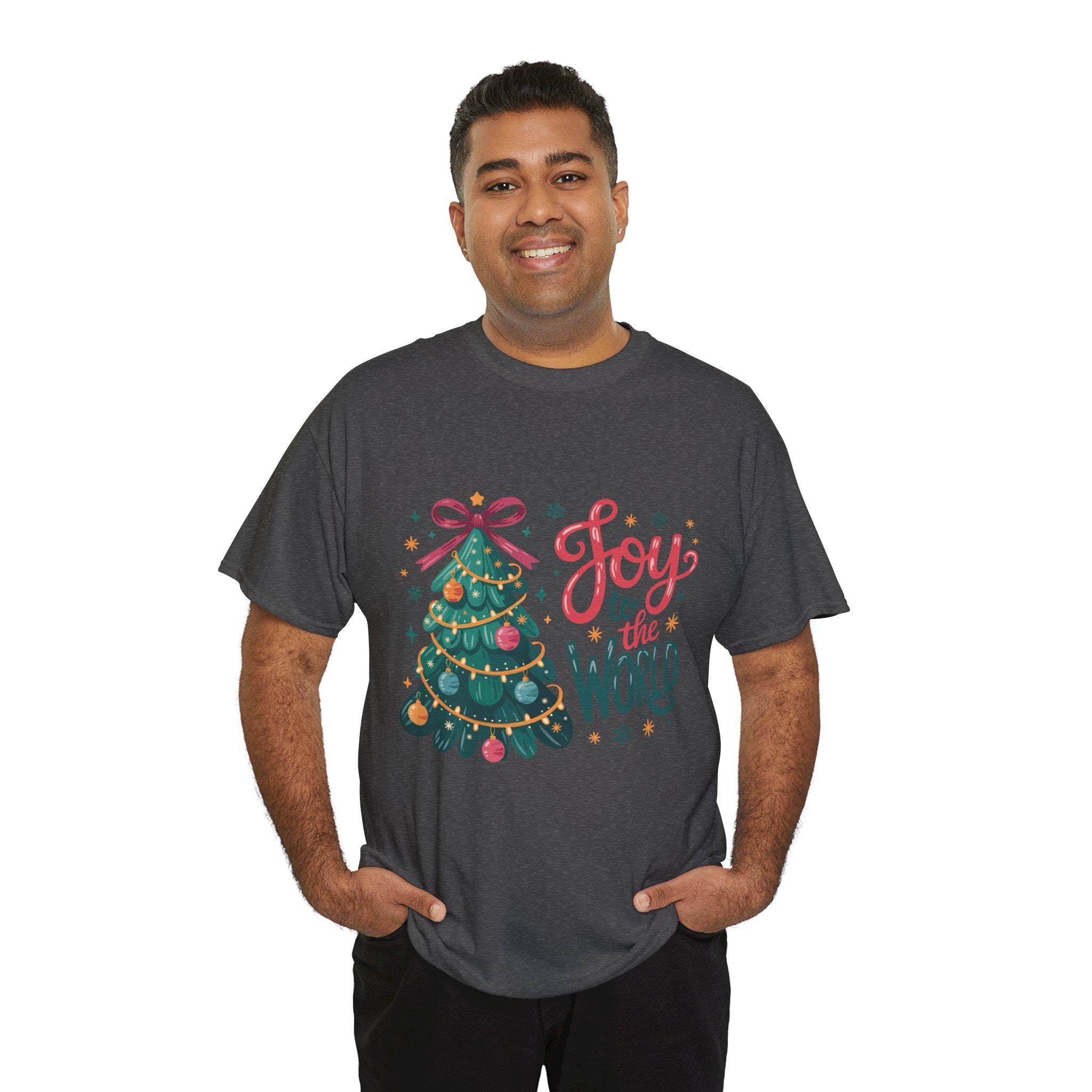 Joy to the World Christmas Tee — Festive Tree with Pink Bow..Unisex Cotton Tee