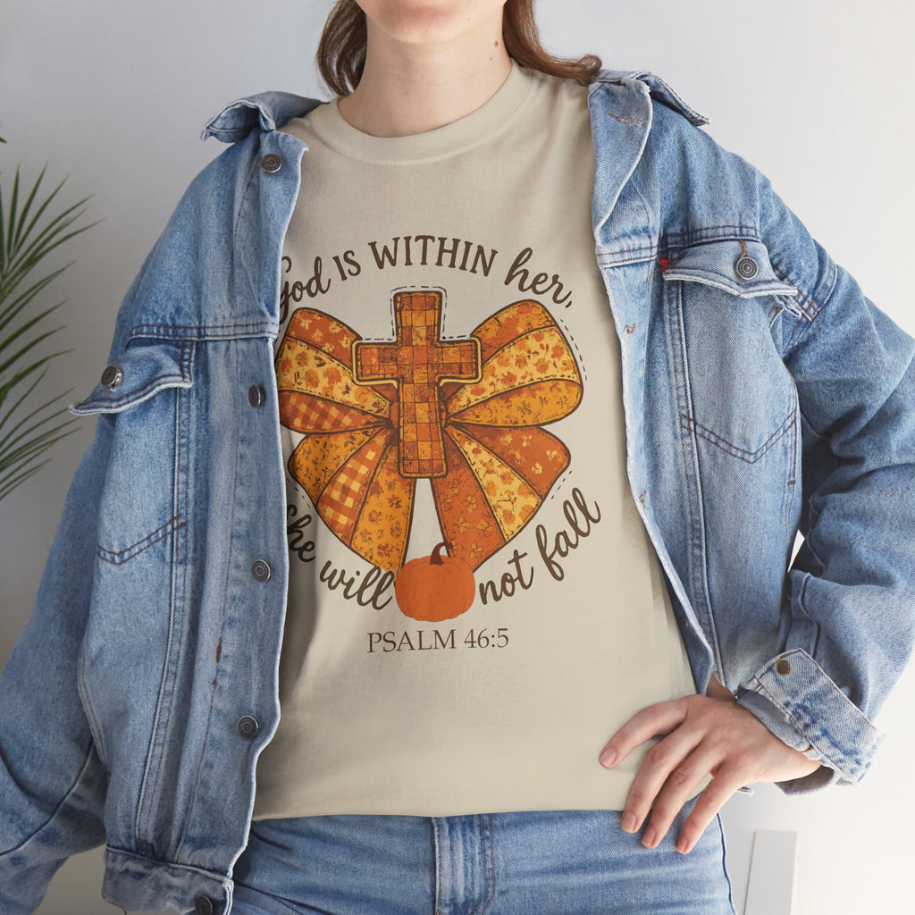 Psalm 46:5 Cross Patchwork Tee — Fall Bow Christian Unisex Cotton T-Shirt