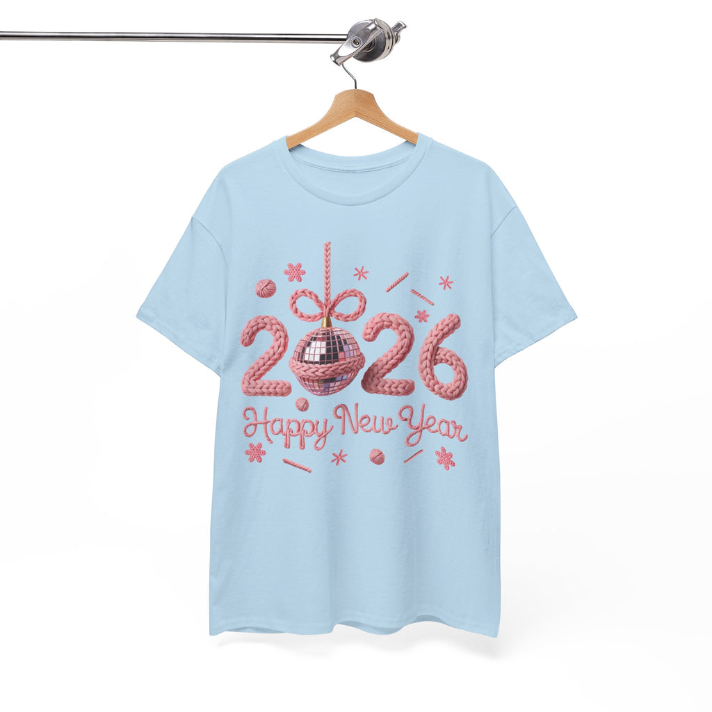 2026 Happy New Year Pink Knitted Disco Ball Unisex Cotton Tee