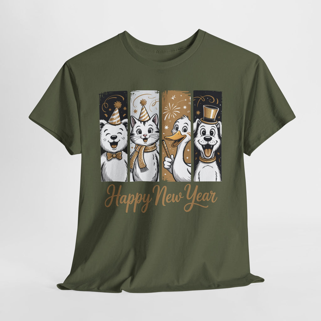Happy New Year Party Animals T-Shirt — Cute Smiling Animals in Party Hats & Gold Fireworks..Unisex Cotton Tee