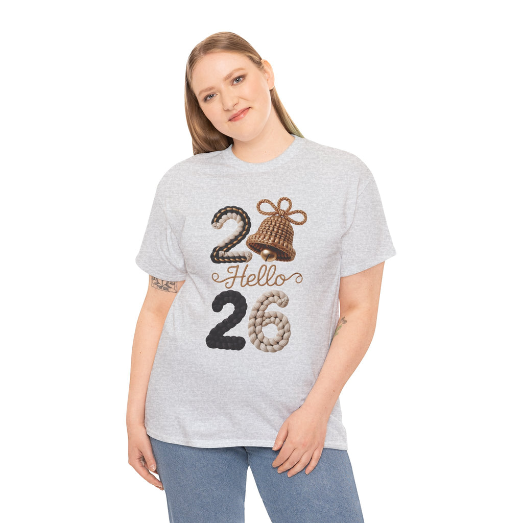 Hello 2026 Tee — Cozy Faux Yarn Braided Numbers with Woven Golden Bell..Unisex Cotton Tee
