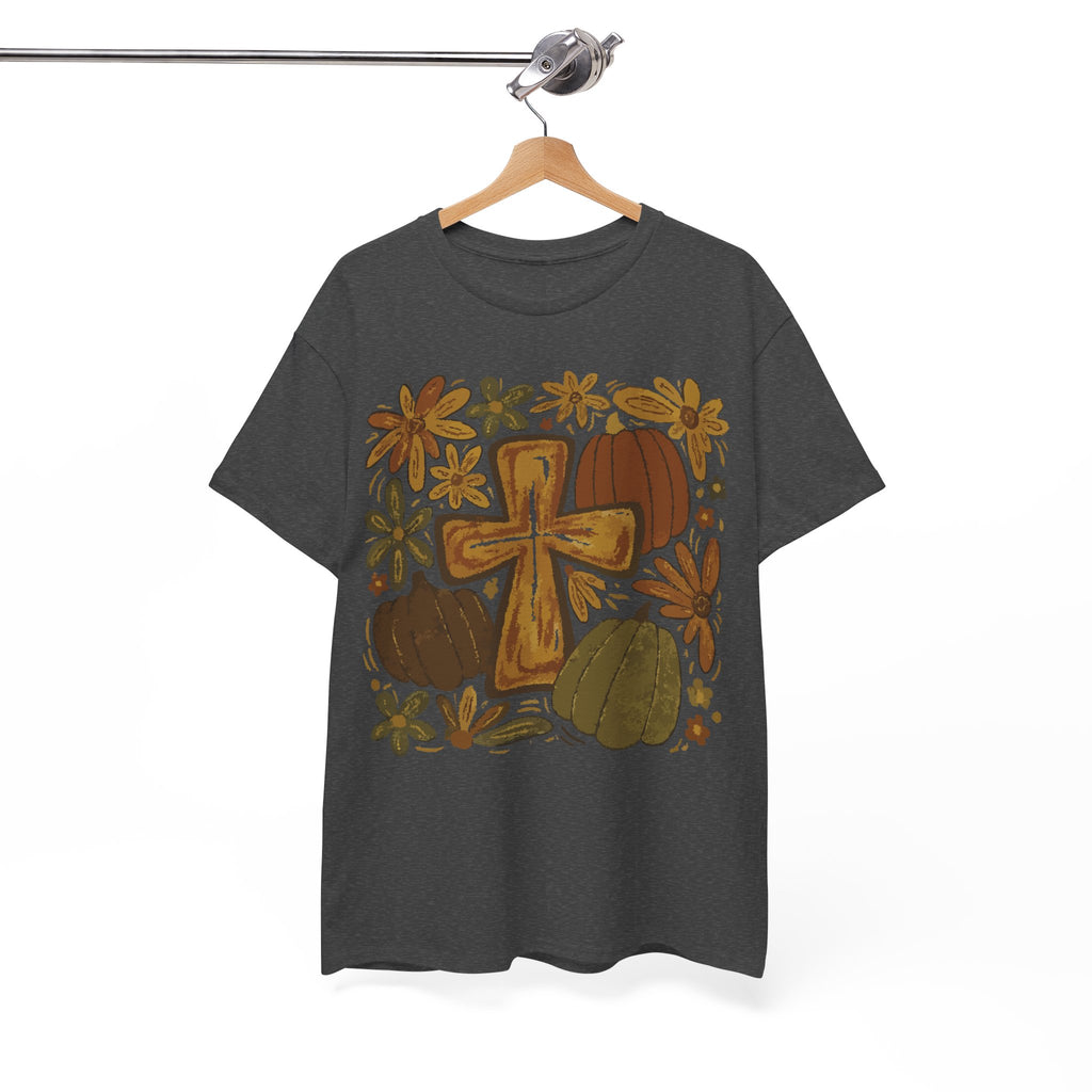 Autumn Cross Tee — Rustic Pumpkin & Fall Floral Christian Unisaex Cotton T-Shirt