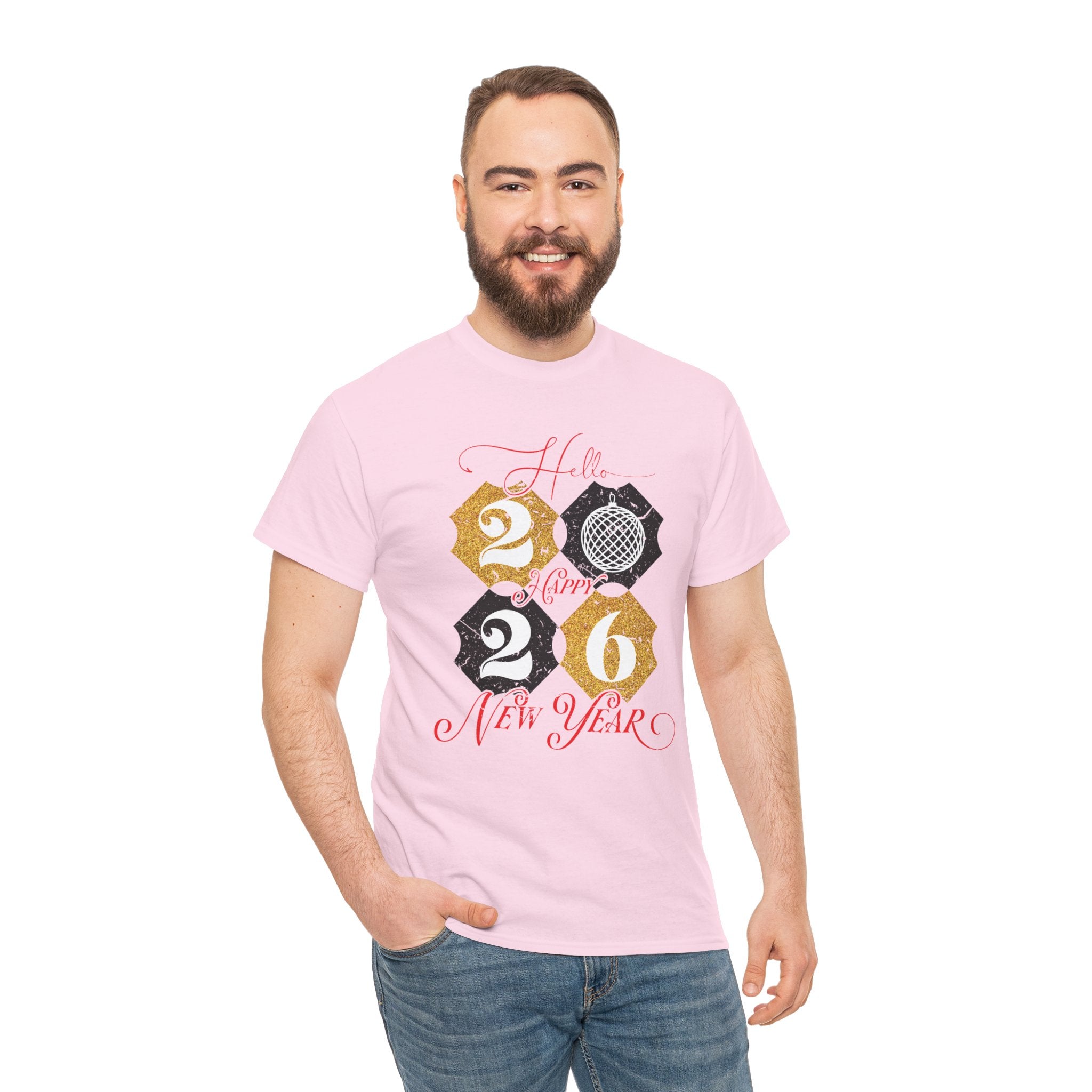 2026 Happy New Year Pink Varsity Tee — Fireworks Party Graphic.Unisex Cotton Tee