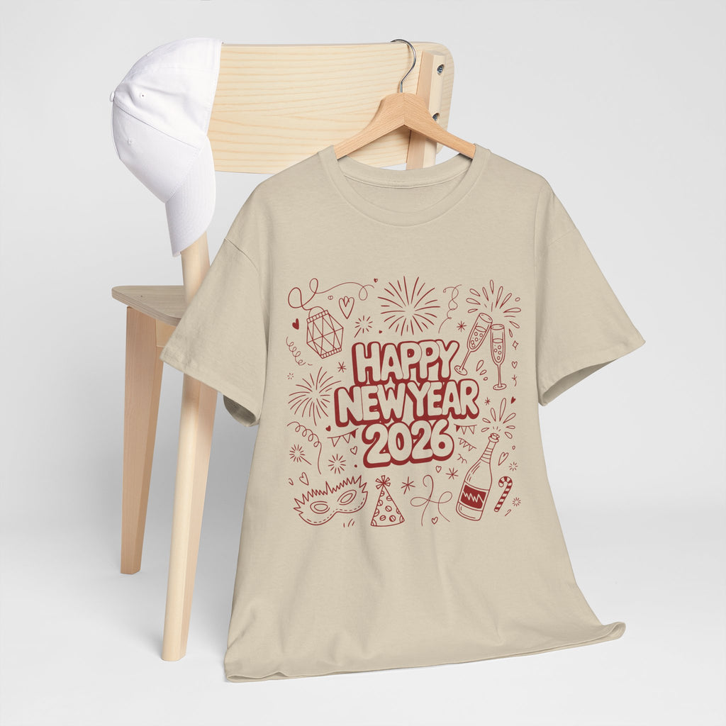 Happy New Year 2026 Doodle T-Shirt — Pink Party Icons & Champagne Unisex Cotton Tee