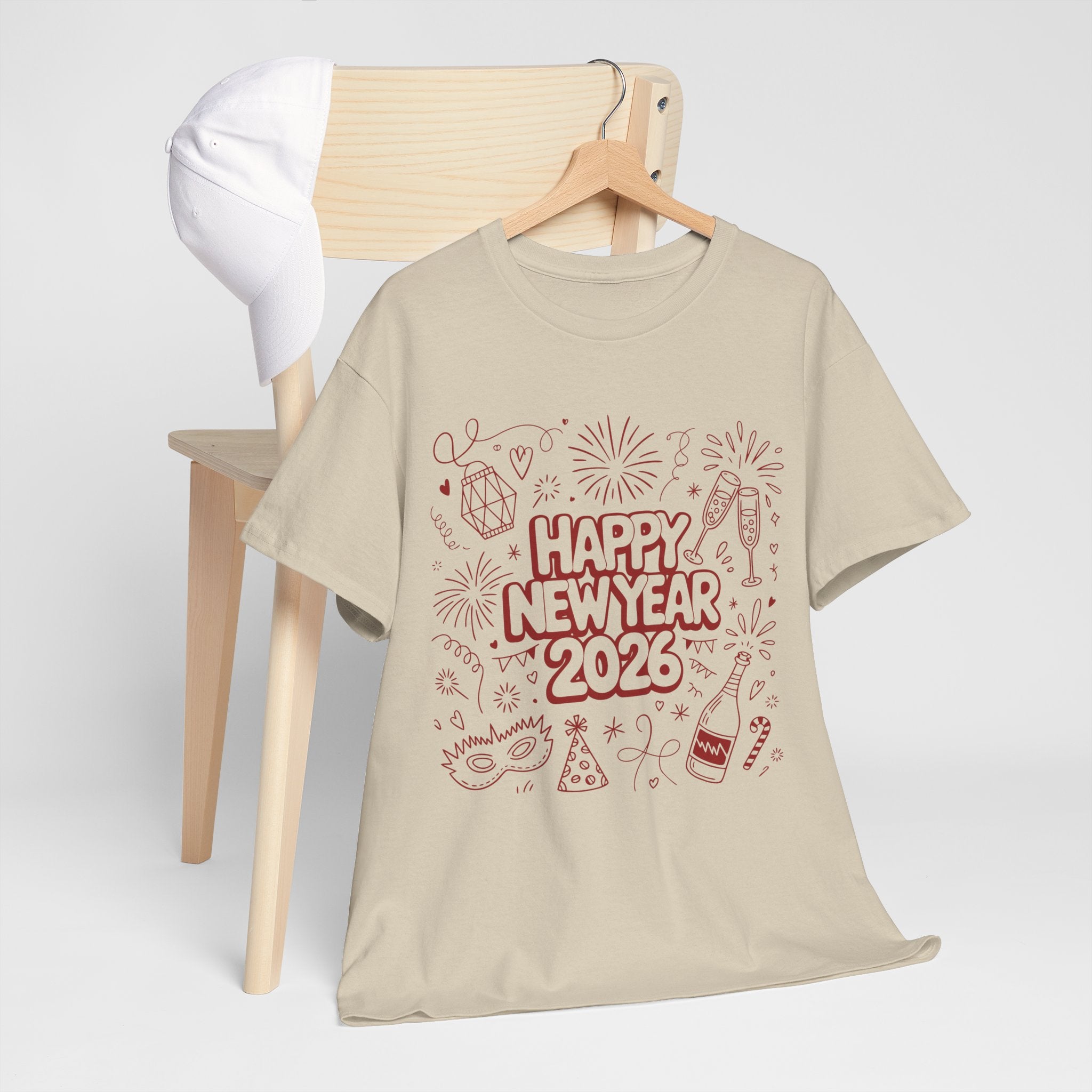 Happy New Year 2026 Doodle T-Shirt — Pink Party Icons & Champagne Unisex Cotton Tee