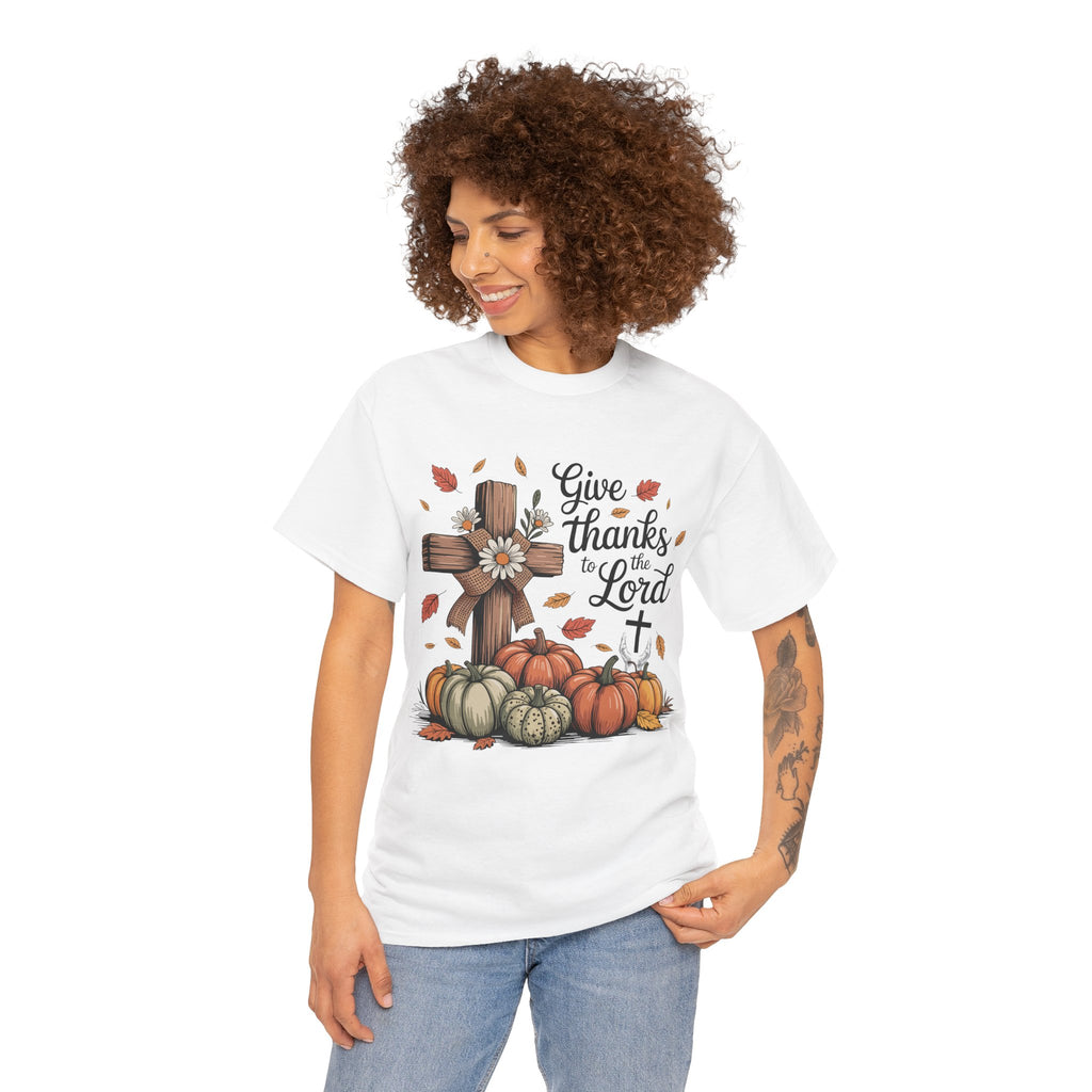 Give Thanks to the Lord Autumn Tee — Wooden Cross, Pumpkins & Daisies..Unisex Cotton Tee