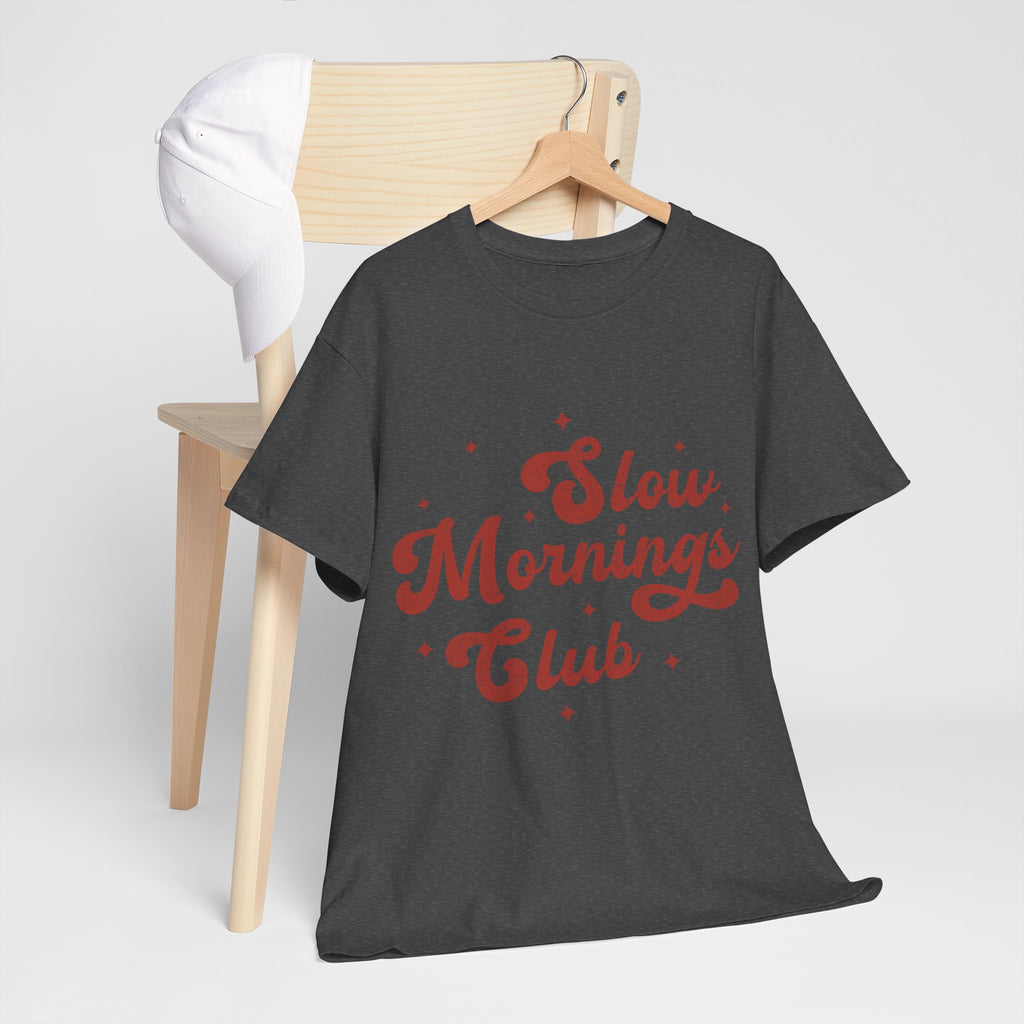 Slow Mornings Club T-Shirt — Retro Red Sparkle Unisex Cotton Tee